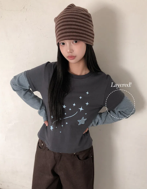 春季預訂｜短袖疊層星形刺繡貼片長袖T 恤