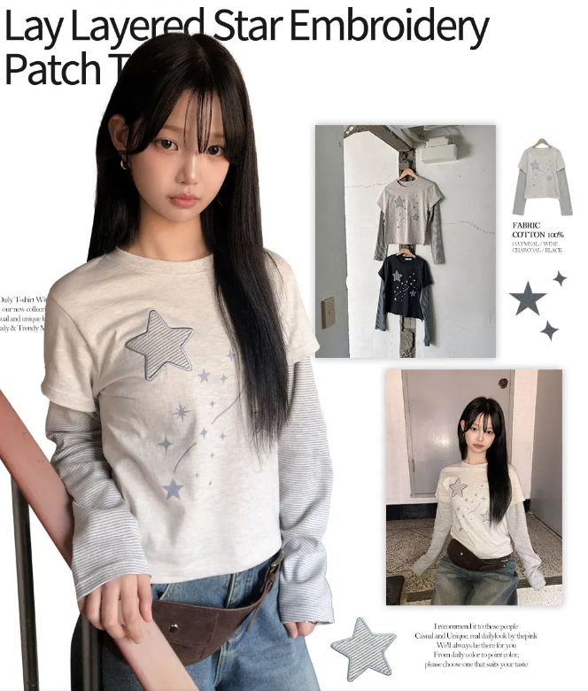 春季預訂｜短袖疊層星形刺繡貼片長袖T 恤