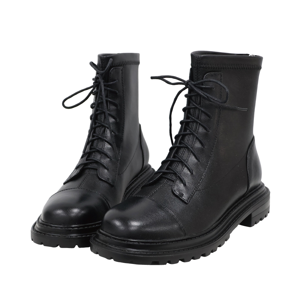 圓頭綁帶後拉鍊馬丁靴 -2色