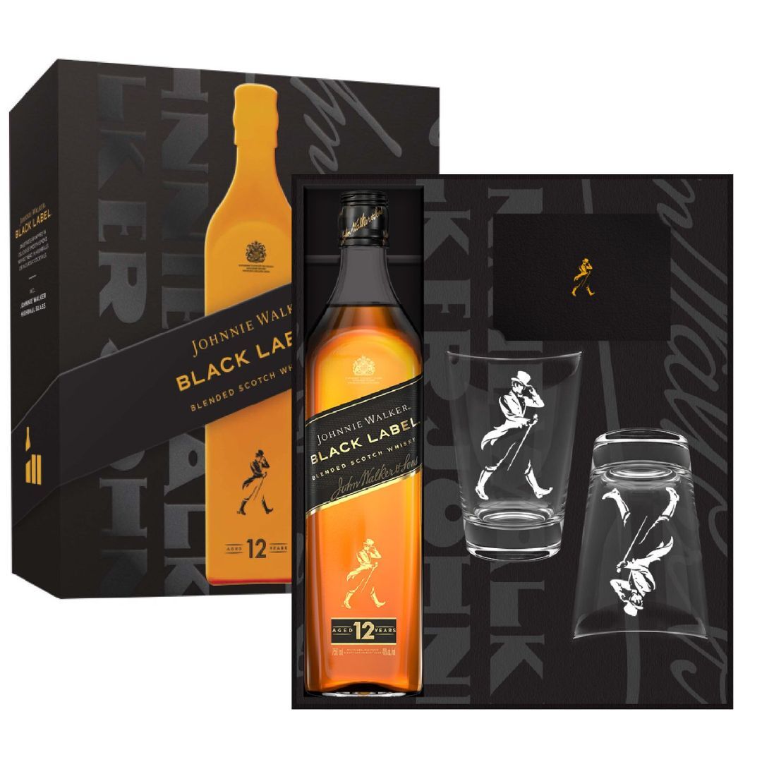 Johnnie Walker Black Label Blended Whisky 700mL with 2 Highball Glasses Giftbox