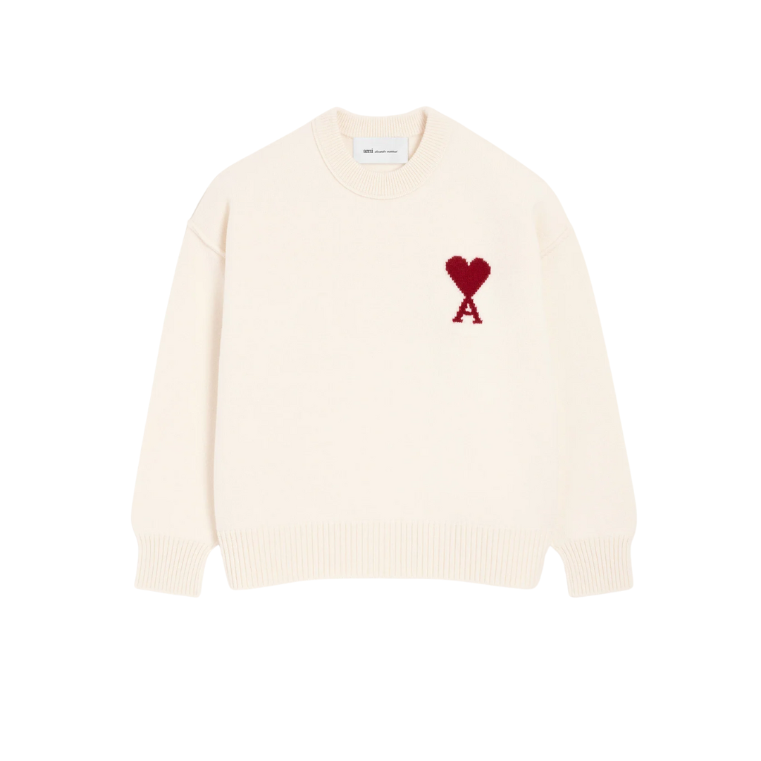 1FF0101-232 [AMI PARIS] Natural Wool Crewneck Sweater With Contrasted Ami De Coeur White (SS26) #UKS838.018.154 (C-EU-E)