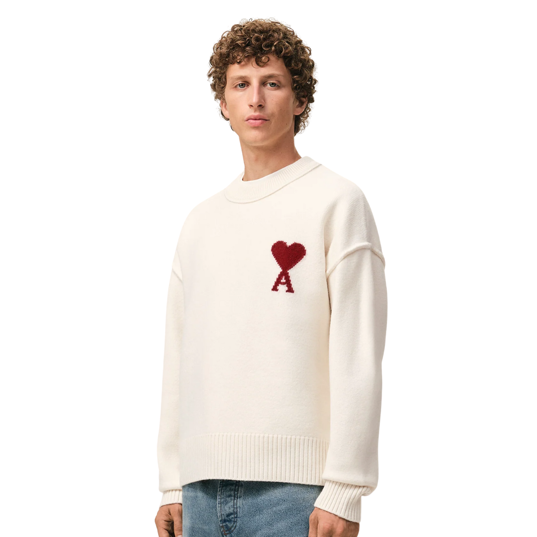1FF0101-232 [AMI PARIS] Natural Wool Crewneck Sweater With Contrasted Ami De Coeur White (SS26) #UKS838.018.154 (C-EU-E)