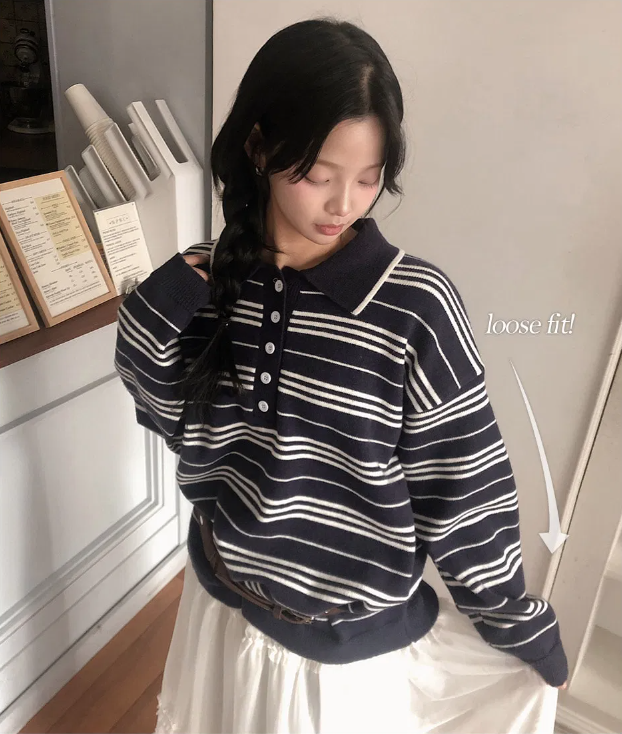 春季預訂｜寬鬆條紋扣領針織衫