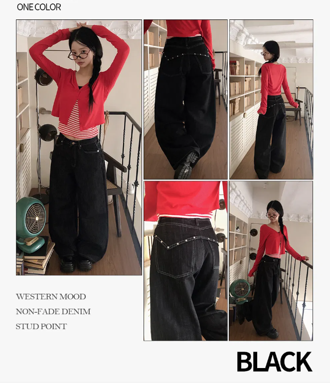 春季預訂｜高腰不褪色後背鉚釘寬褲