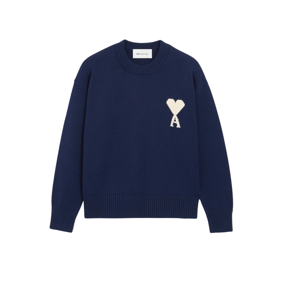 1FF0101-233 [AMI PARIS] Wool And Cotton Crewneck Ami De Coeur Sweater Blue (SS26) #UKS859.KN0156.A116 (C-EU-E)