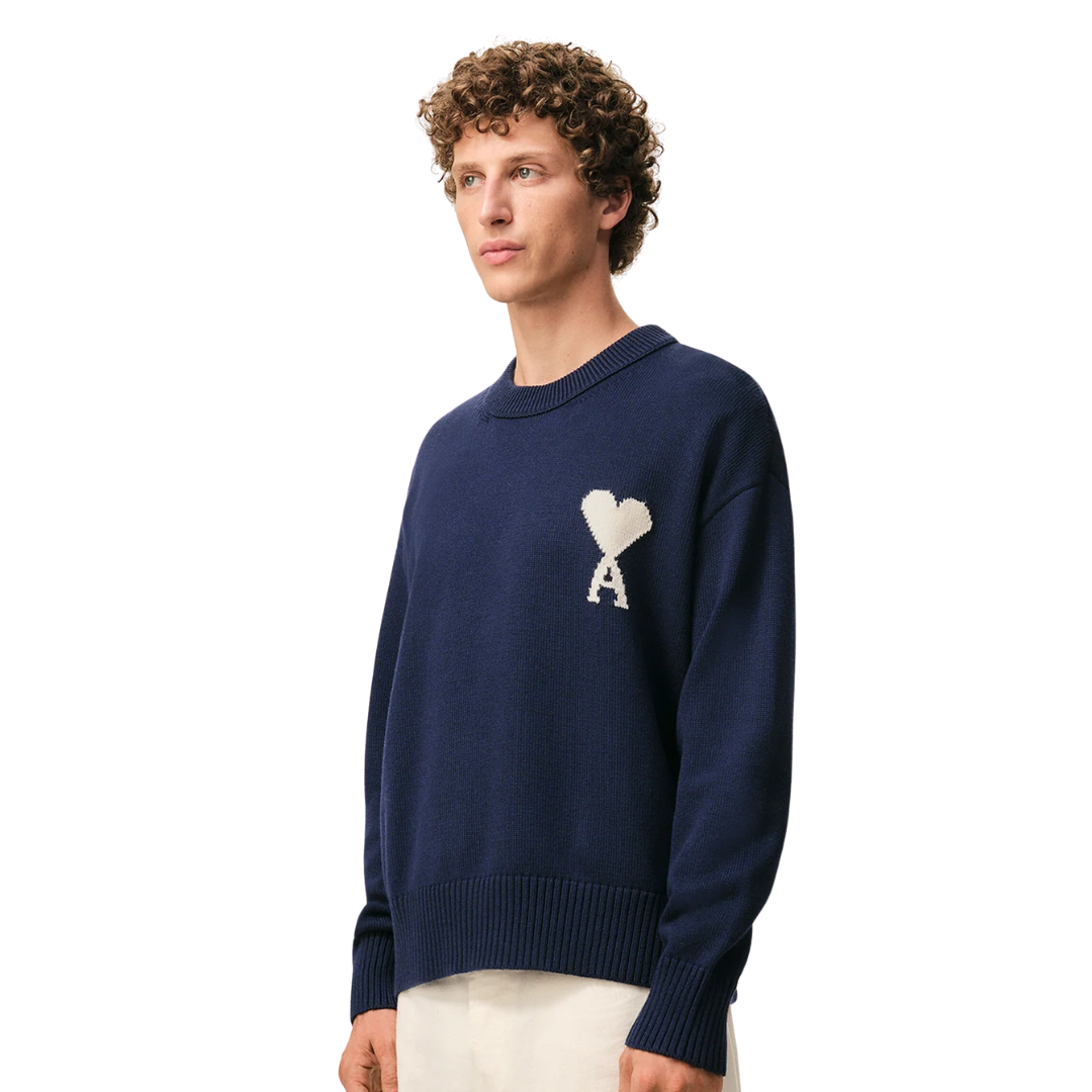 1FF0101-233 [AMI PARIS] Wool And Cotton Crewneck Ami De Coeur Sweater Blue (SS26) #UKS859.KN0156.A116 (C-EU-E)