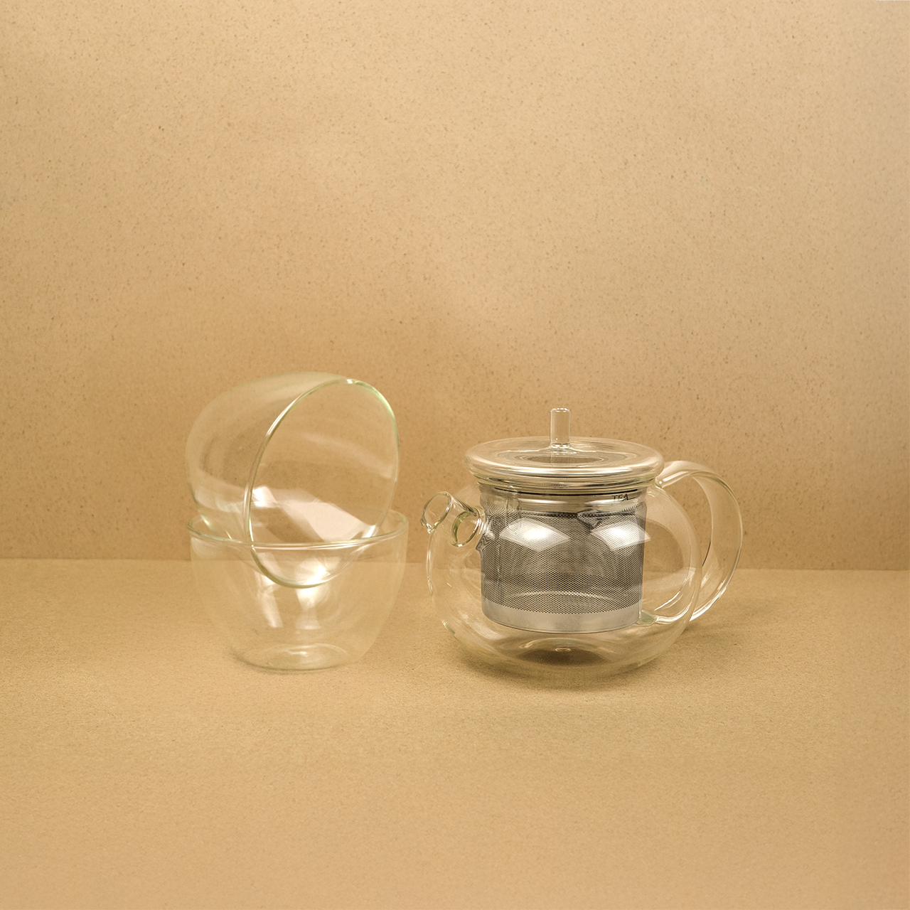 雙人對話組_圓月壺x半圓雙層玻璃杯組