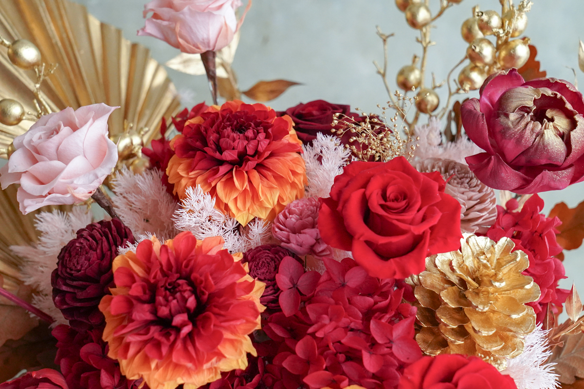 紅色永生花盆花,作品特寫1