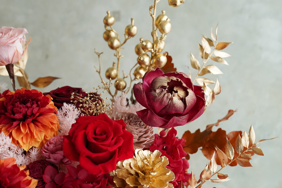 紅色永生花盆花,作品特寫