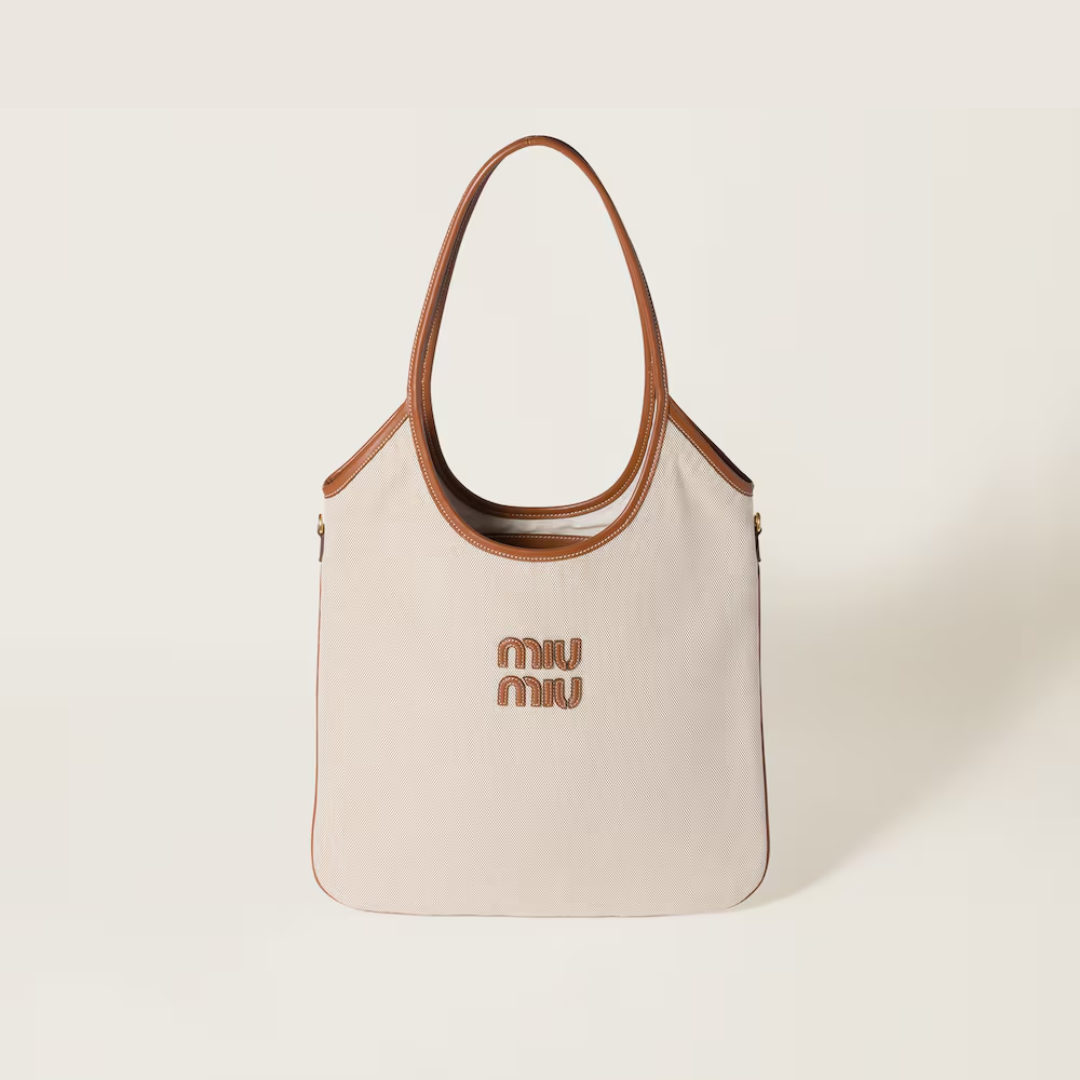 1FF0101-290 [MIU MIU] Ivy Canvas And Leather Bag Beige/Brandy (SS26) #5BG231_ACRN_F062F_V_MLF (B-EU-E)
