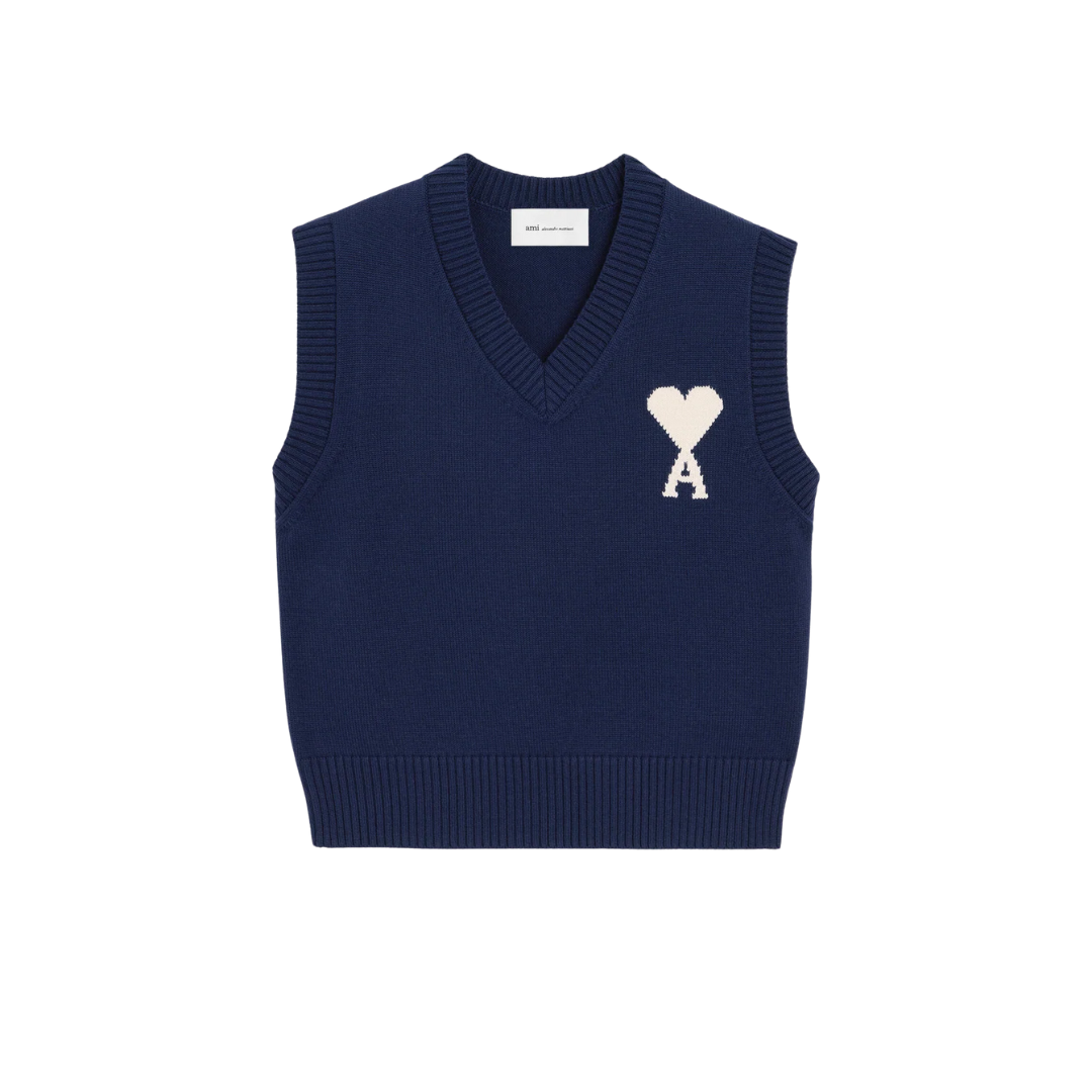 1FF0101-234 [AMI PARIS] Wool And Cotton Sleeveless Ami De Coeur Sweater Blue (SS26) #UKS860.KN0156.A116 (C-EU-E)