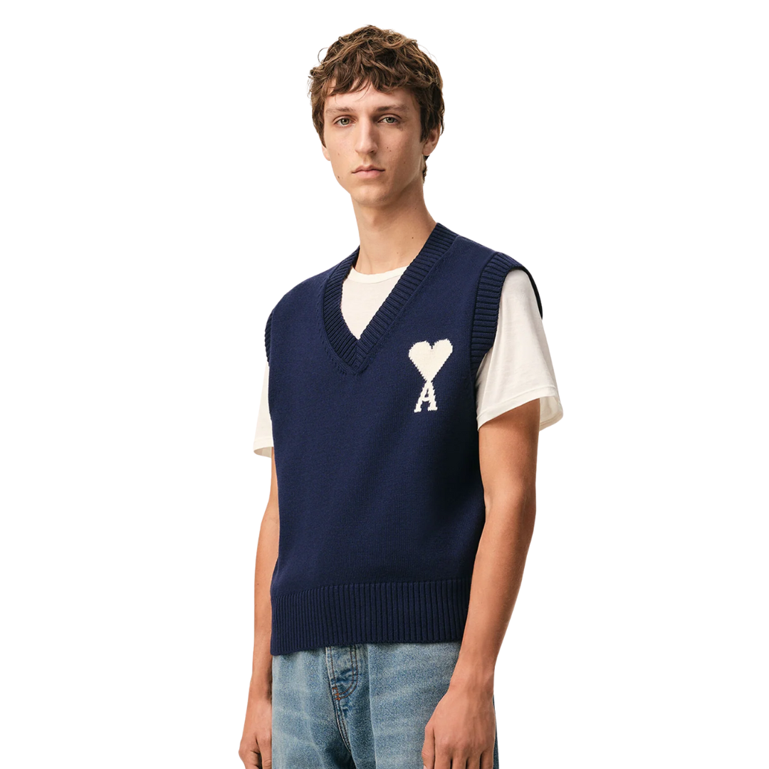 1FF0101-234 [AMI PARIS] Wool And Cotton Sleeveless Ami De Coeur Sweater Blue (SS26) #UKS860.KN0156.A116 (C-EU-E)