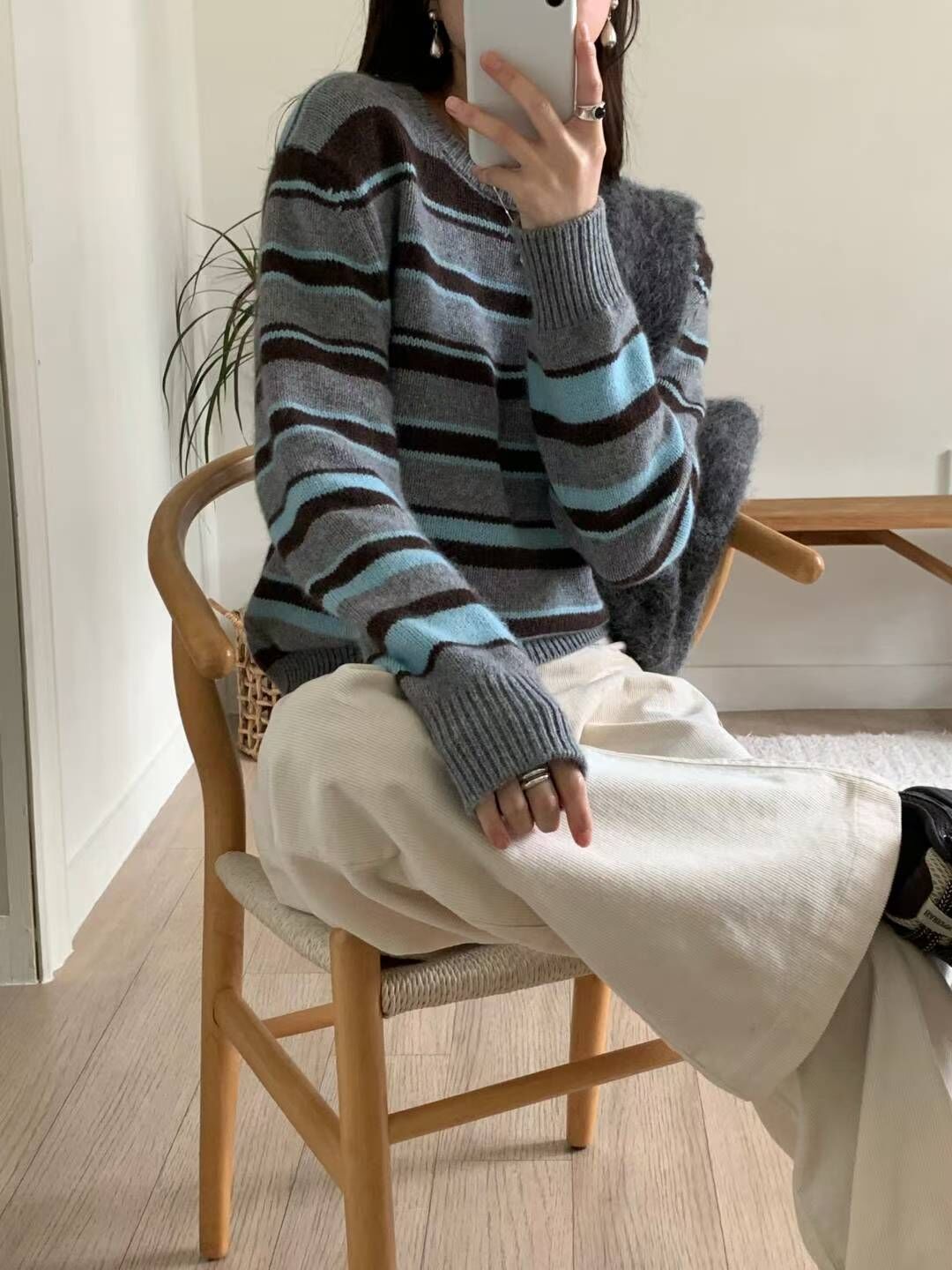 #228N698 韓系摩登條紋，袖口羅紋收口毛衣