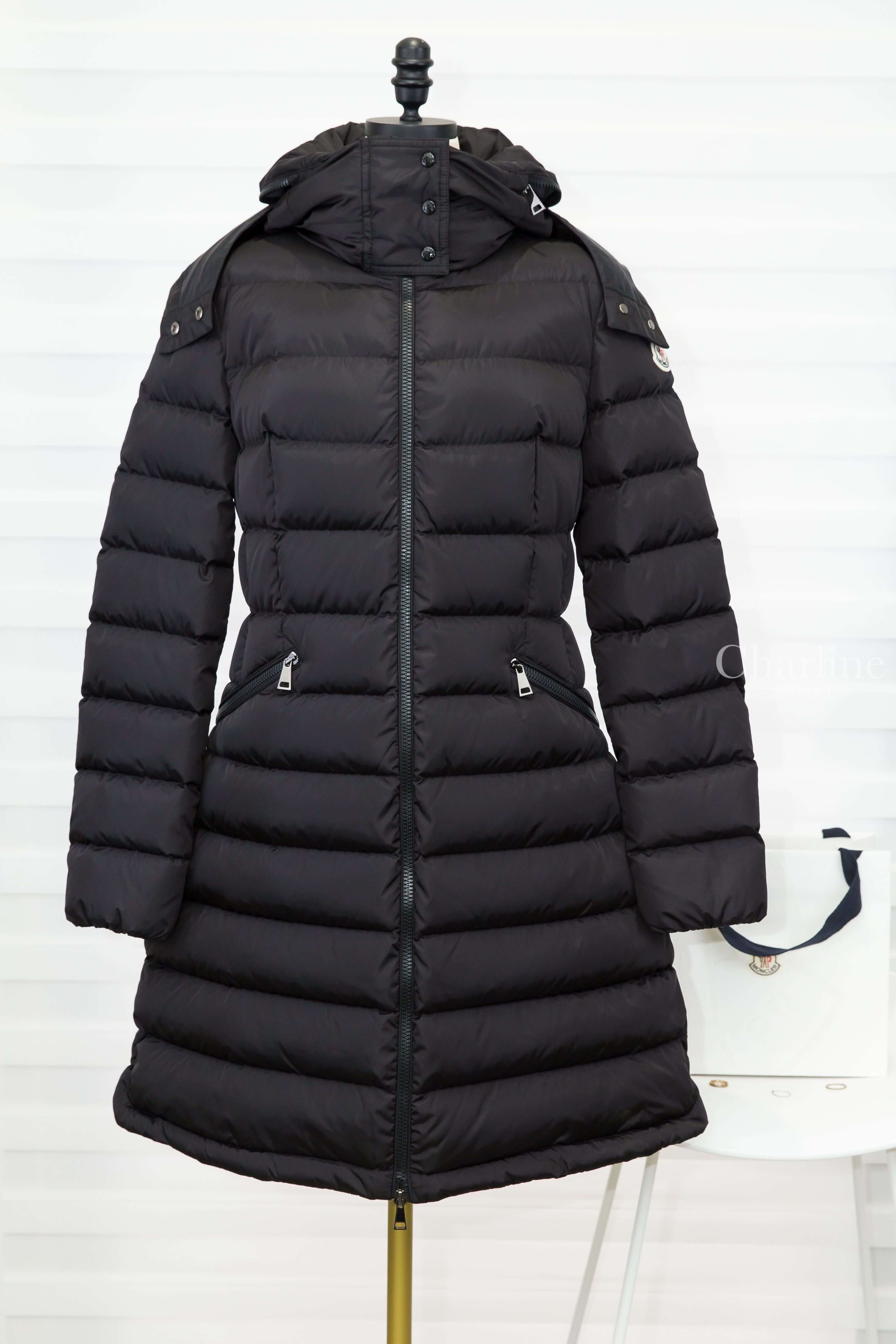Moncler Flammette Hooded Long Down Jacket 黑色長版收腰連帽拉鍊輕羽絨外套-Charline Boutique 精品代購