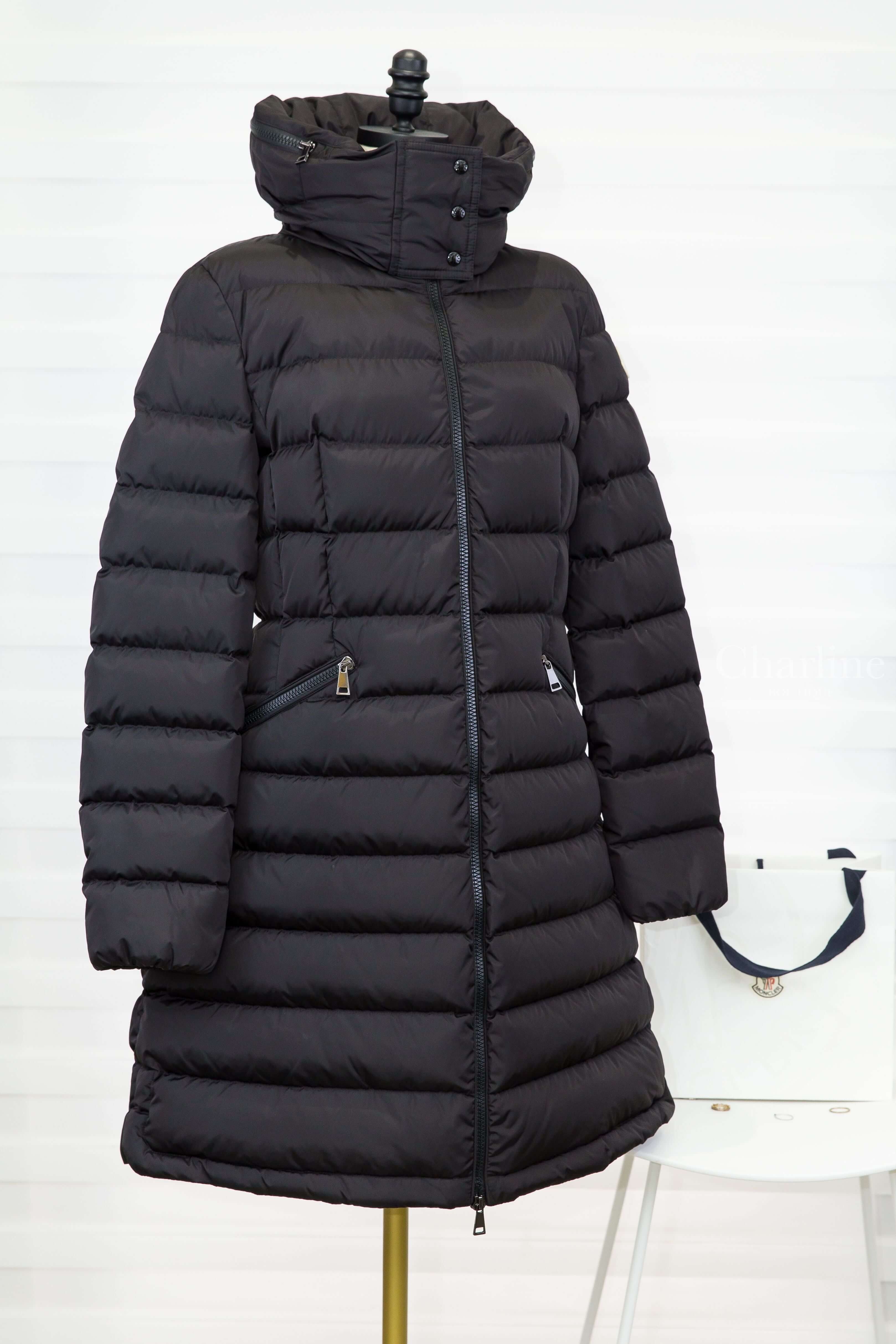 Moncler Flammette Hooded Long Down Jacket 黑色長版收腰連帽拉鍊輕羽絨外套-Charline Boutique 精品代購