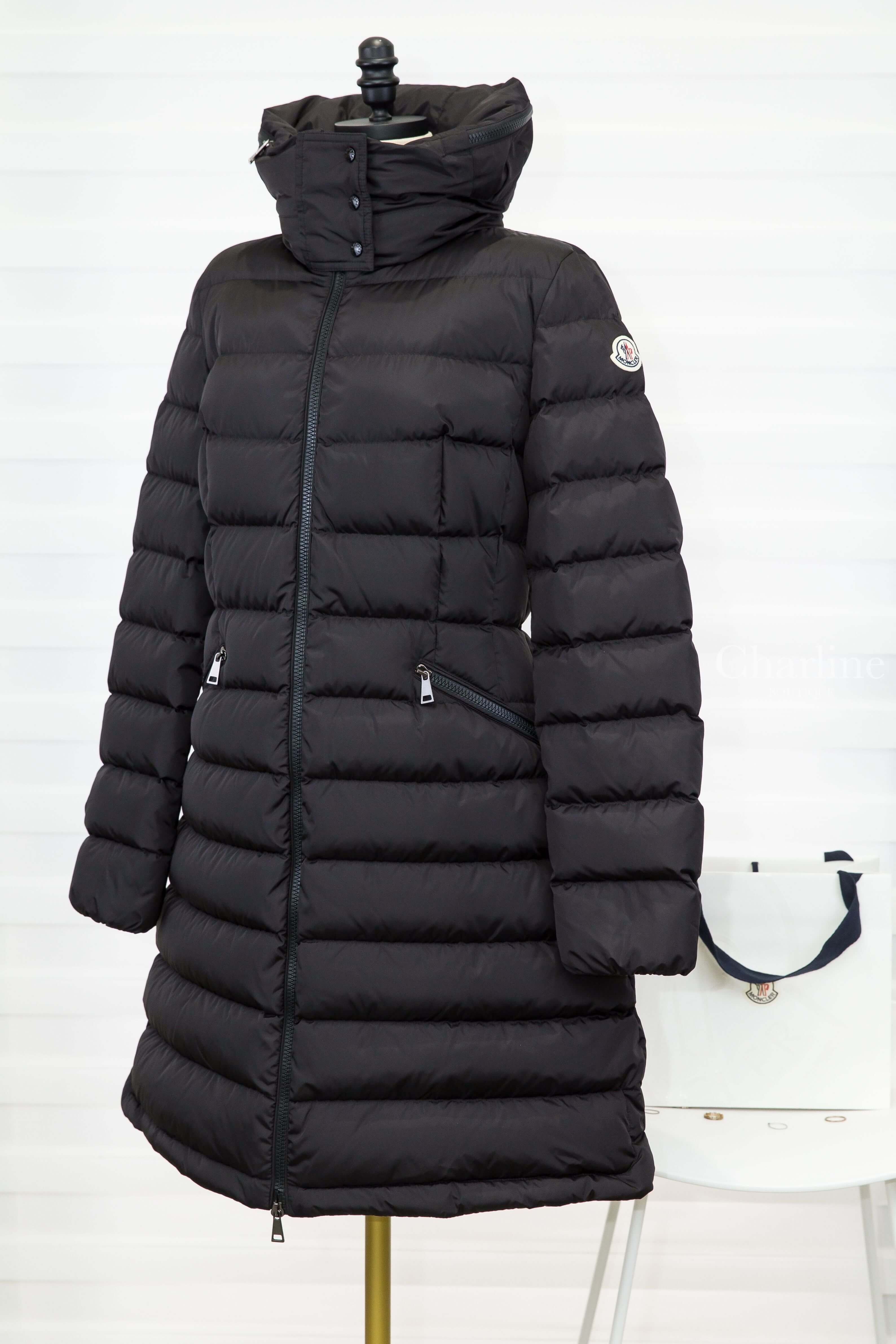 Moncler Flammette Hooded Long Down Jacket 黑色長版收腰連帽拉鍊輕羽絨外套-Charline Boutique 精品代購