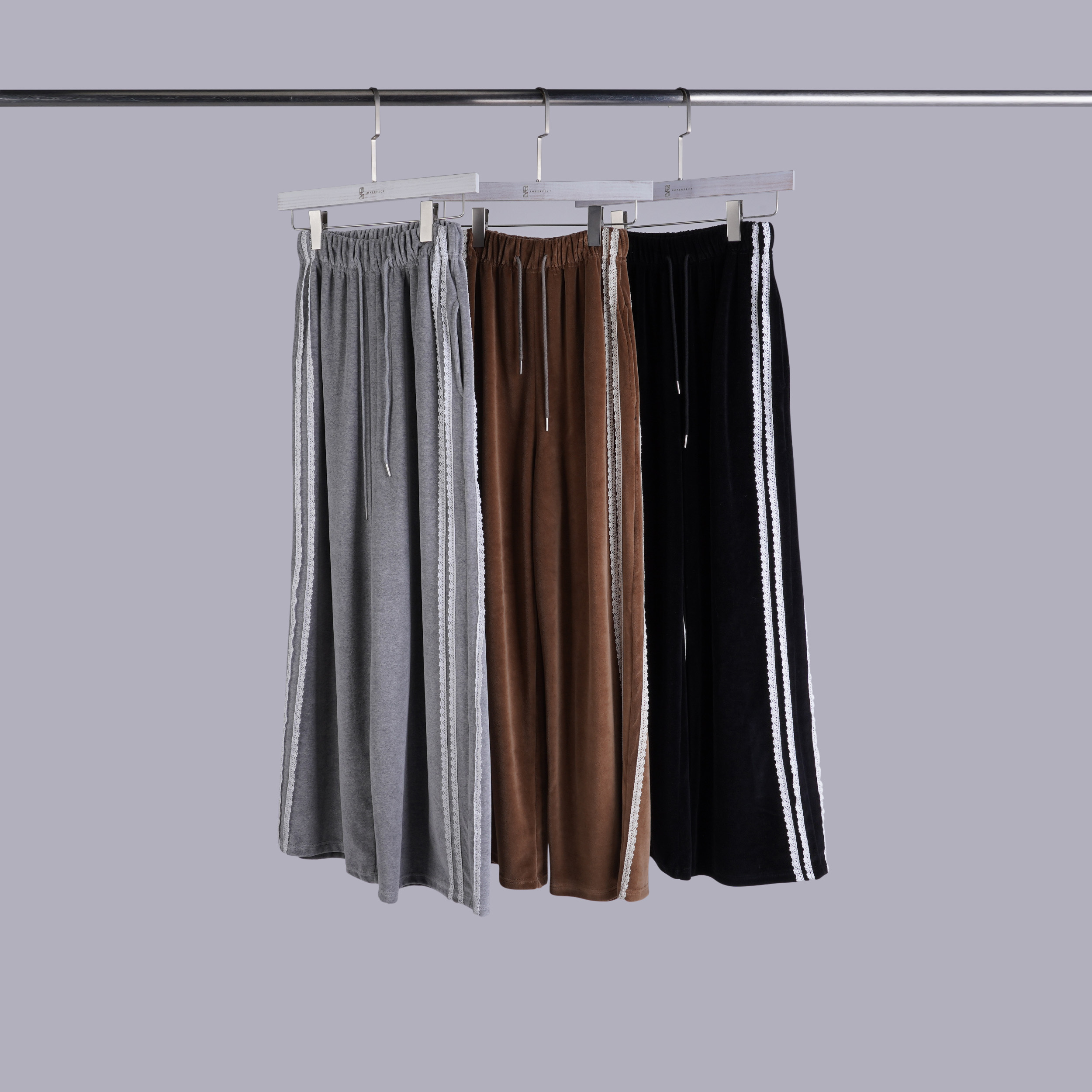 質感短絨蕾絲抽繩寬褲 | 3色