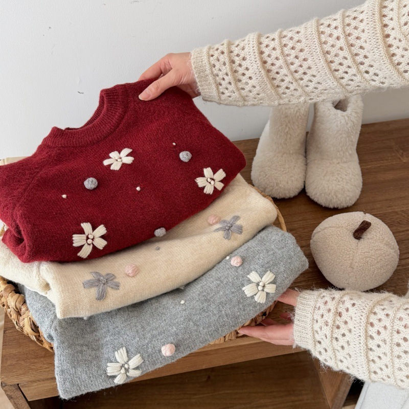 《2783》女寶刺繡小花蕾絲下擺針織毛衣(90-130)