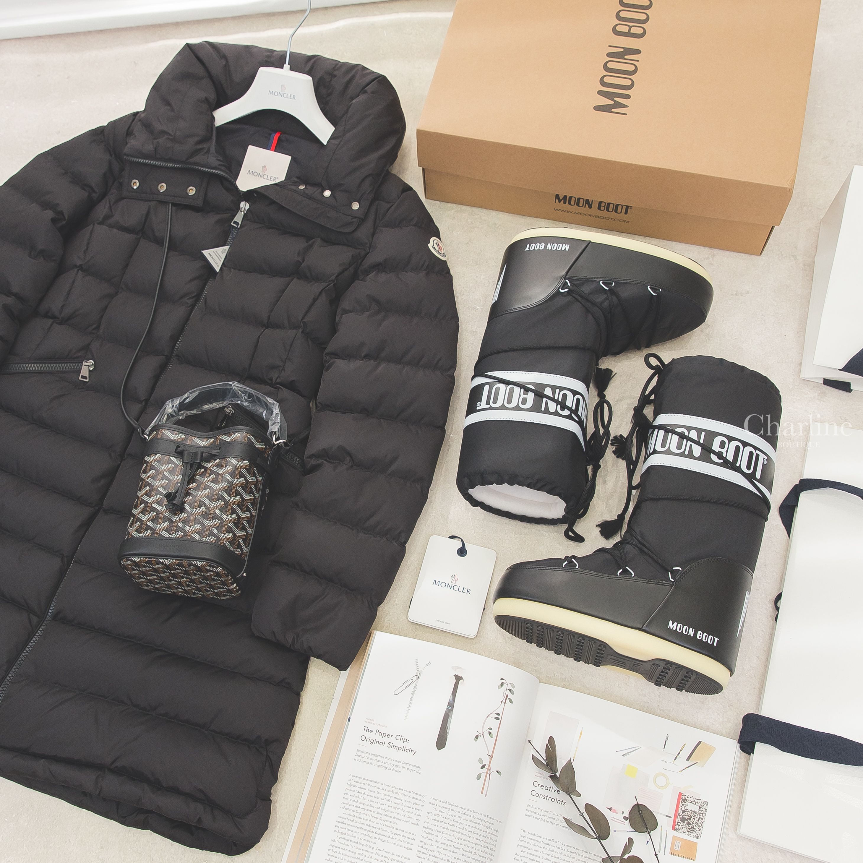 Moncler 黑色長版收腰連帽拉鍊輕羽絨外套,Moon 黑色尼龍白字抽繩高筒雪靴,Goyard Petit Flot Mini Bucket Bag 黑色迷你水桶包-Charline Boutique 精品代購