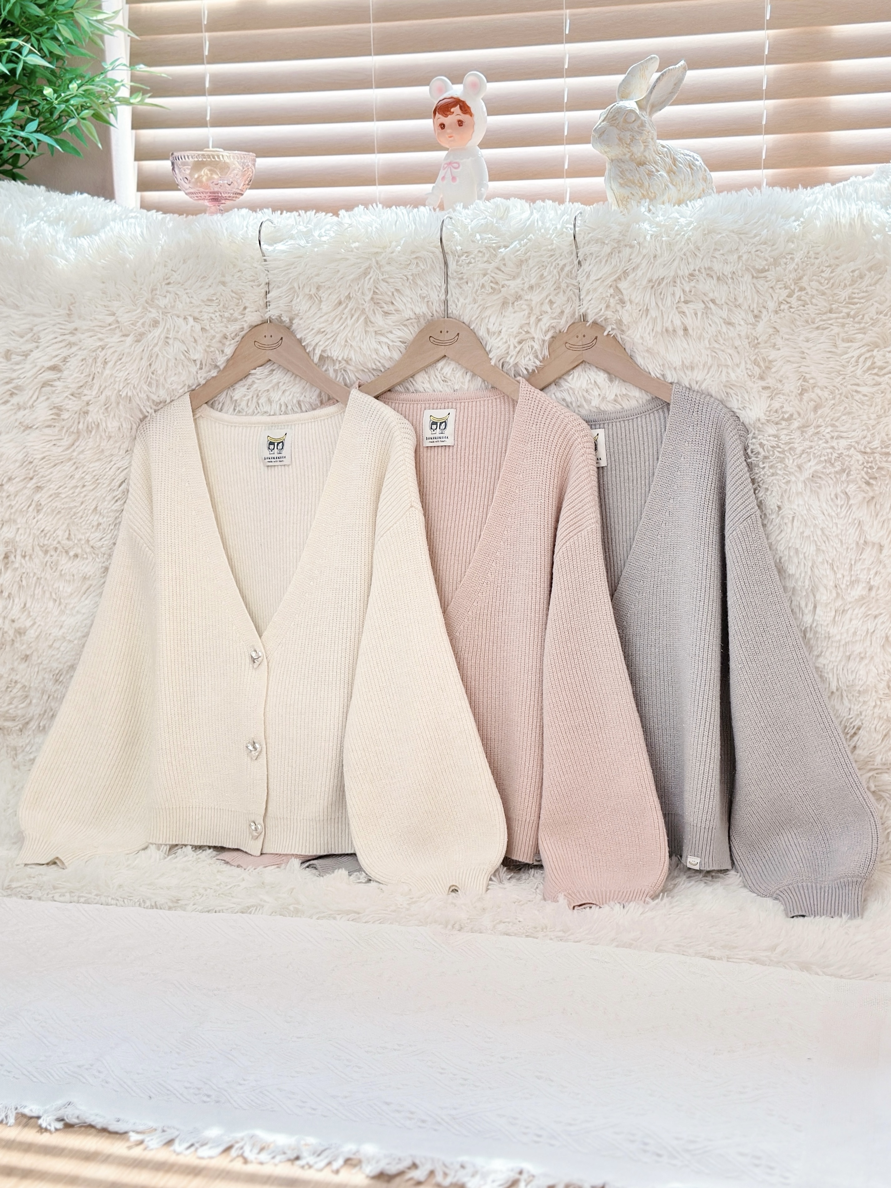三色 / 心心鈕扣閃紗北極絨外套 / Heart Button Shimmer Arctic Velvet Cardigan