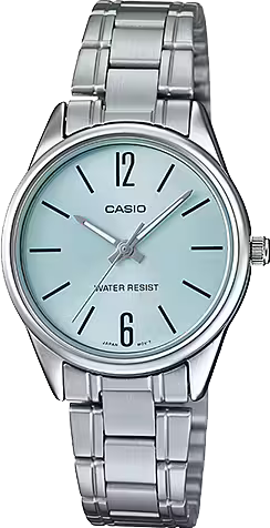 萬年鐘錶 - CASIO 卡西歐 時尚簡約水藍面不鏽鋼錶帶女錶 LTP-V005D-2B 錶徑28.2MM