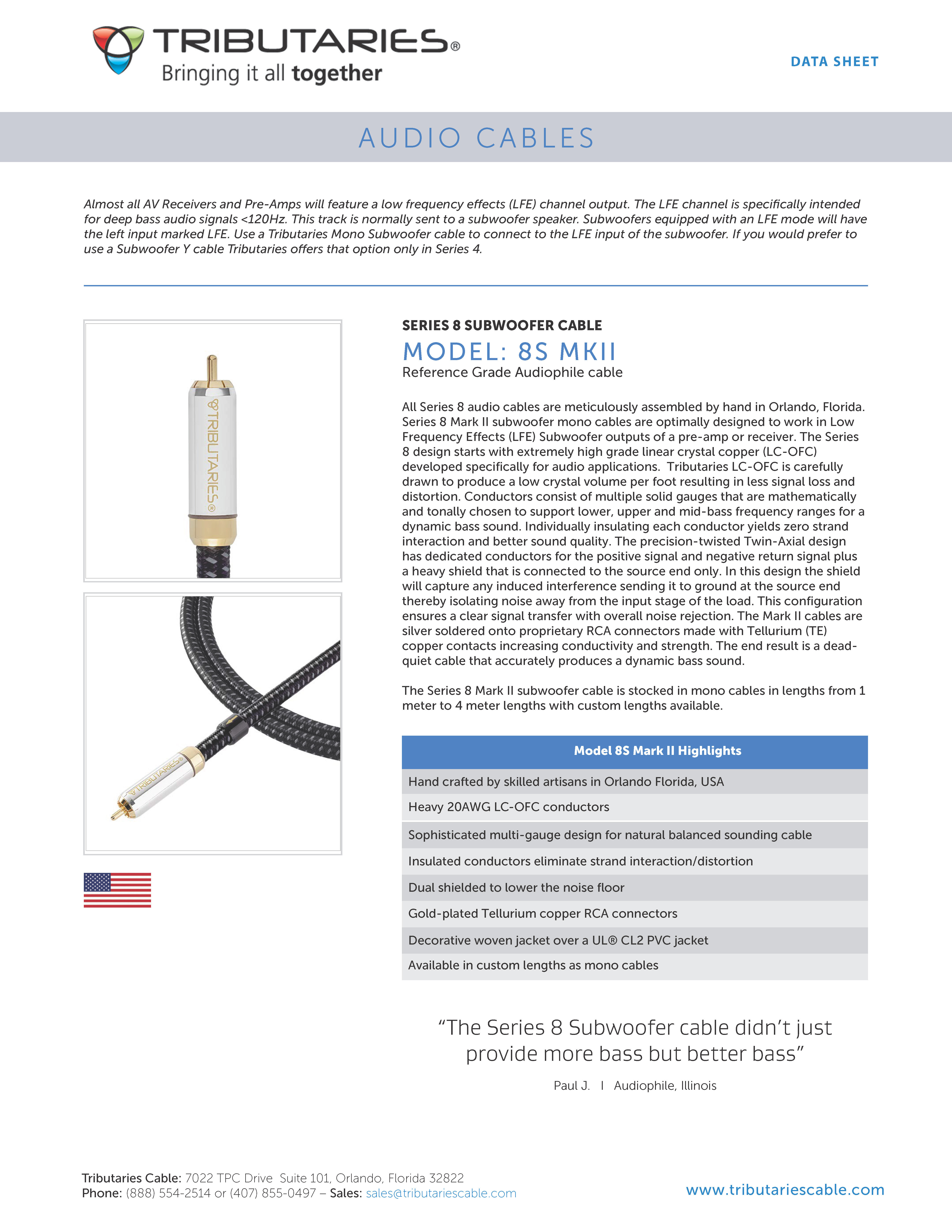 Tributaries 8S MKII Subwoofer Cable Sales Sheet 2