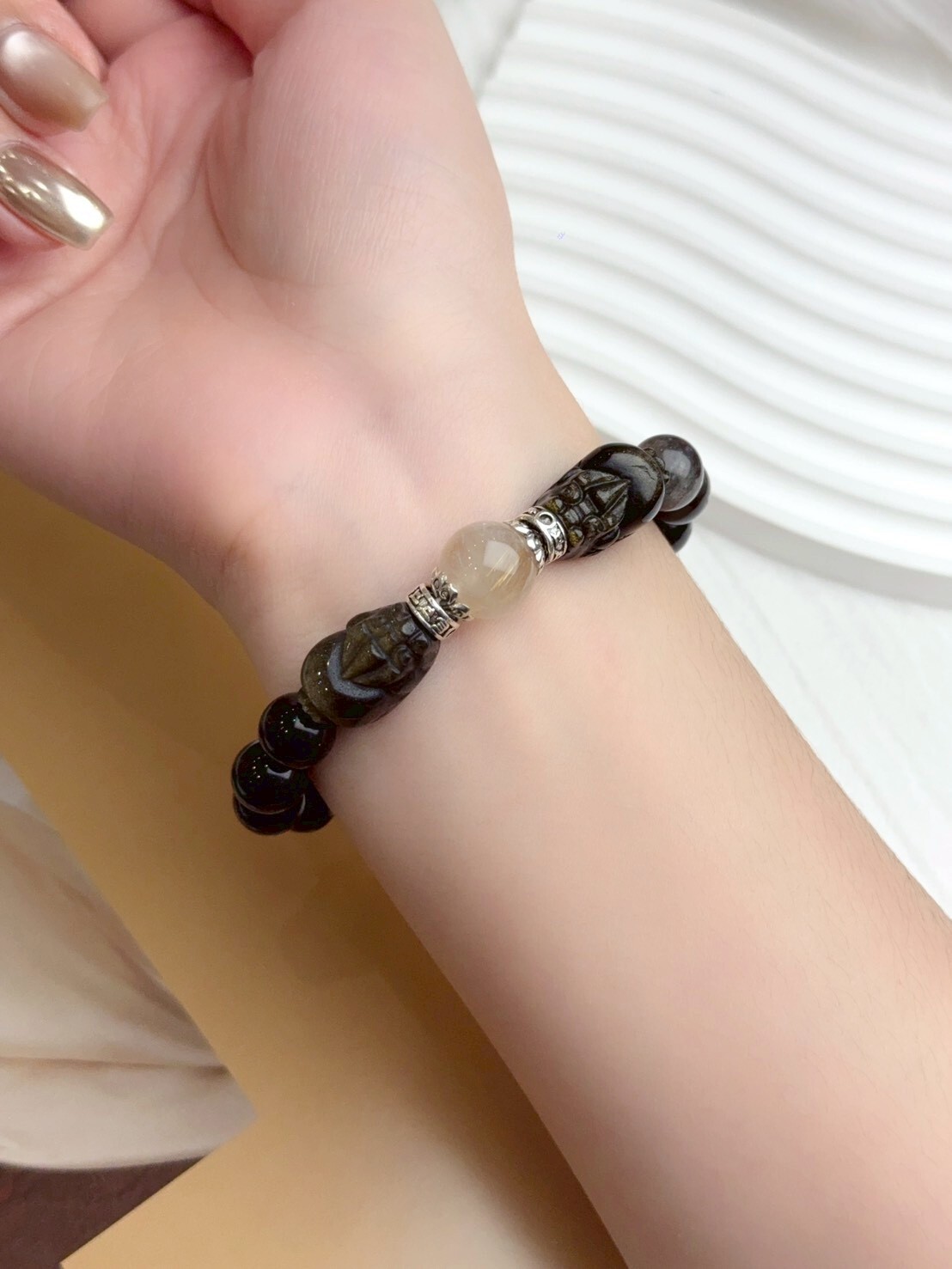 雙貔貅搶珠|金曜石/銀耀石/海藍寶/鈦晶水晶手鍊