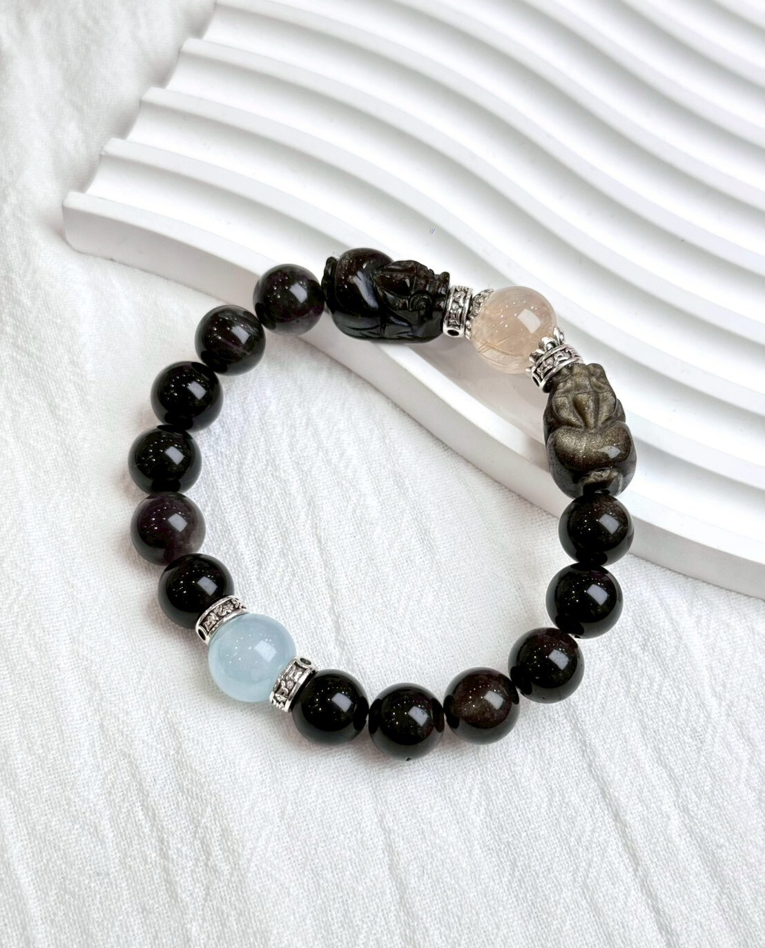 雙貔貅搶珠|金曜石/銀耀石/海藍寶/鈦晶水晶手鍊