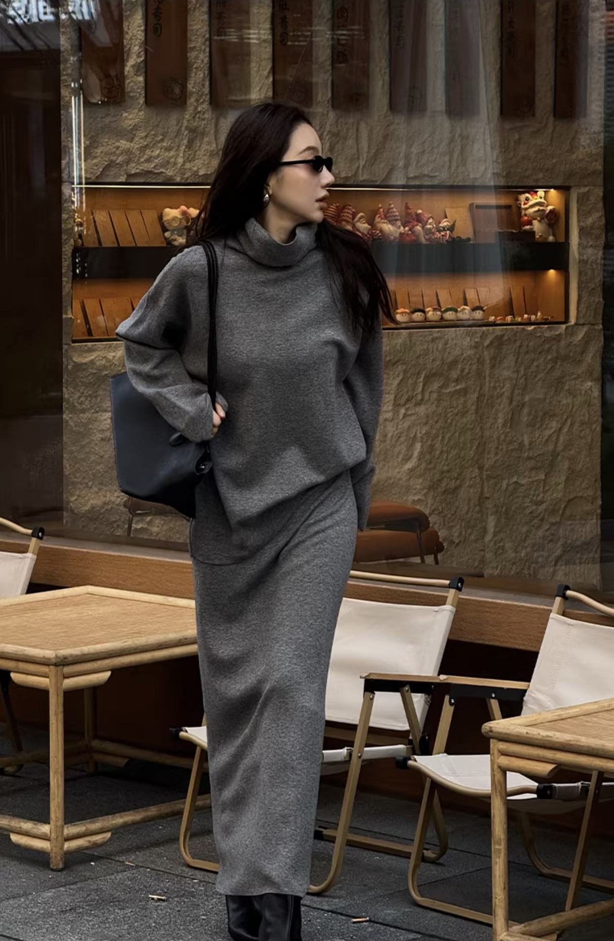 質感灰垂墜高領造型上衣+長裙SET-S-L (Elegant & Love)