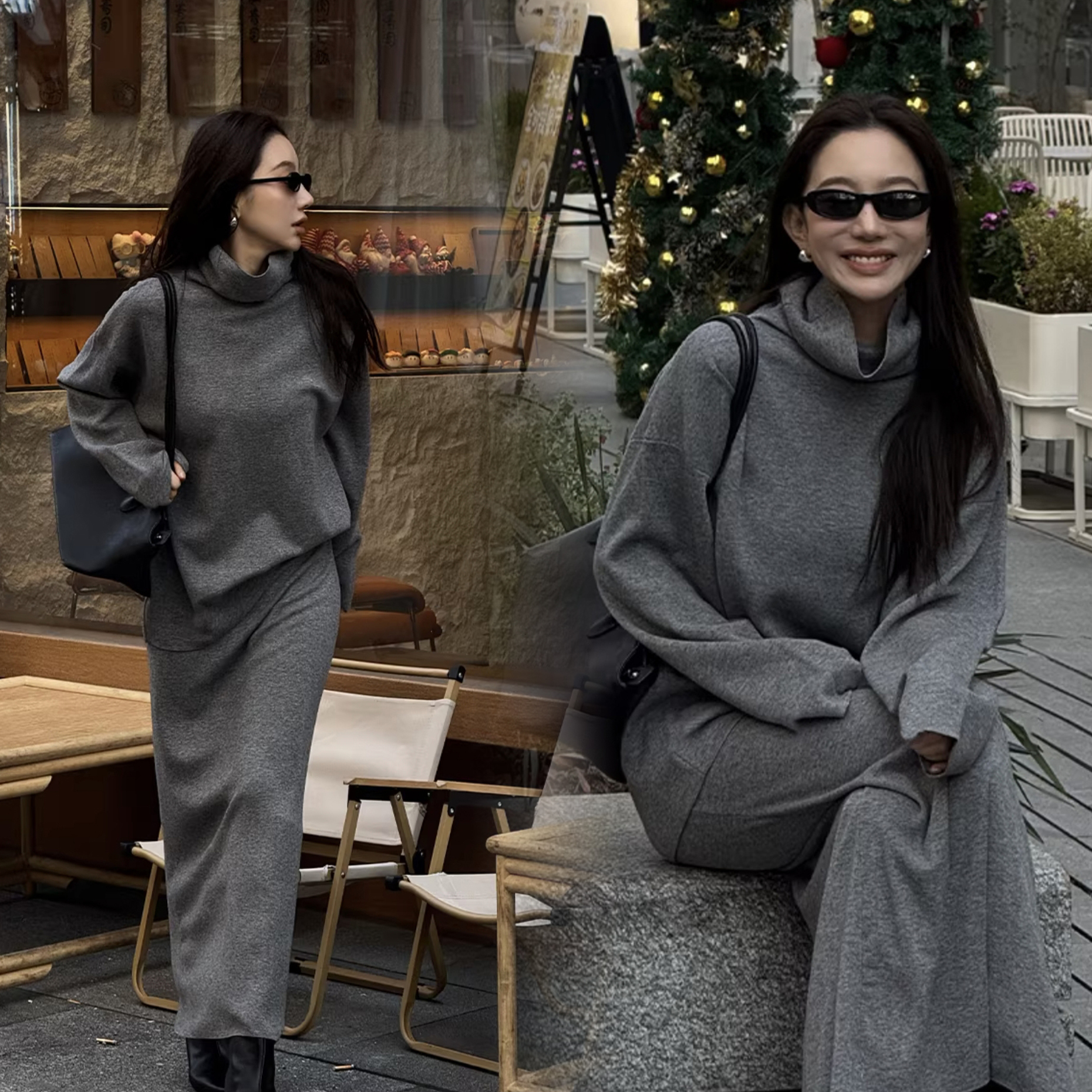 質感灰垂墜高領造型上衣+長裙SET-S-L (Elegant & Love)