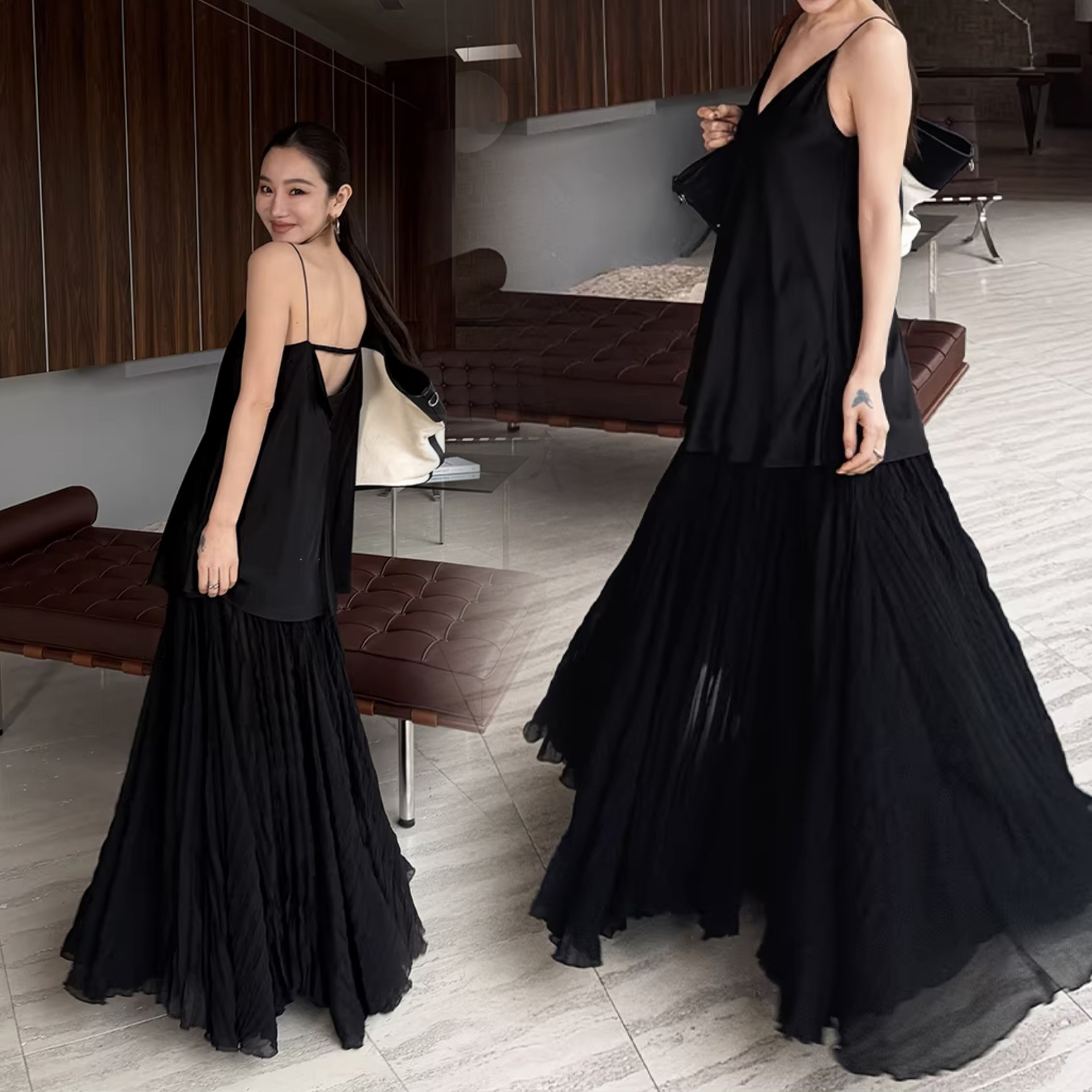 經典黑氣勢感微透百摺A字傘擺長裙-S-L (Elegant & Love)