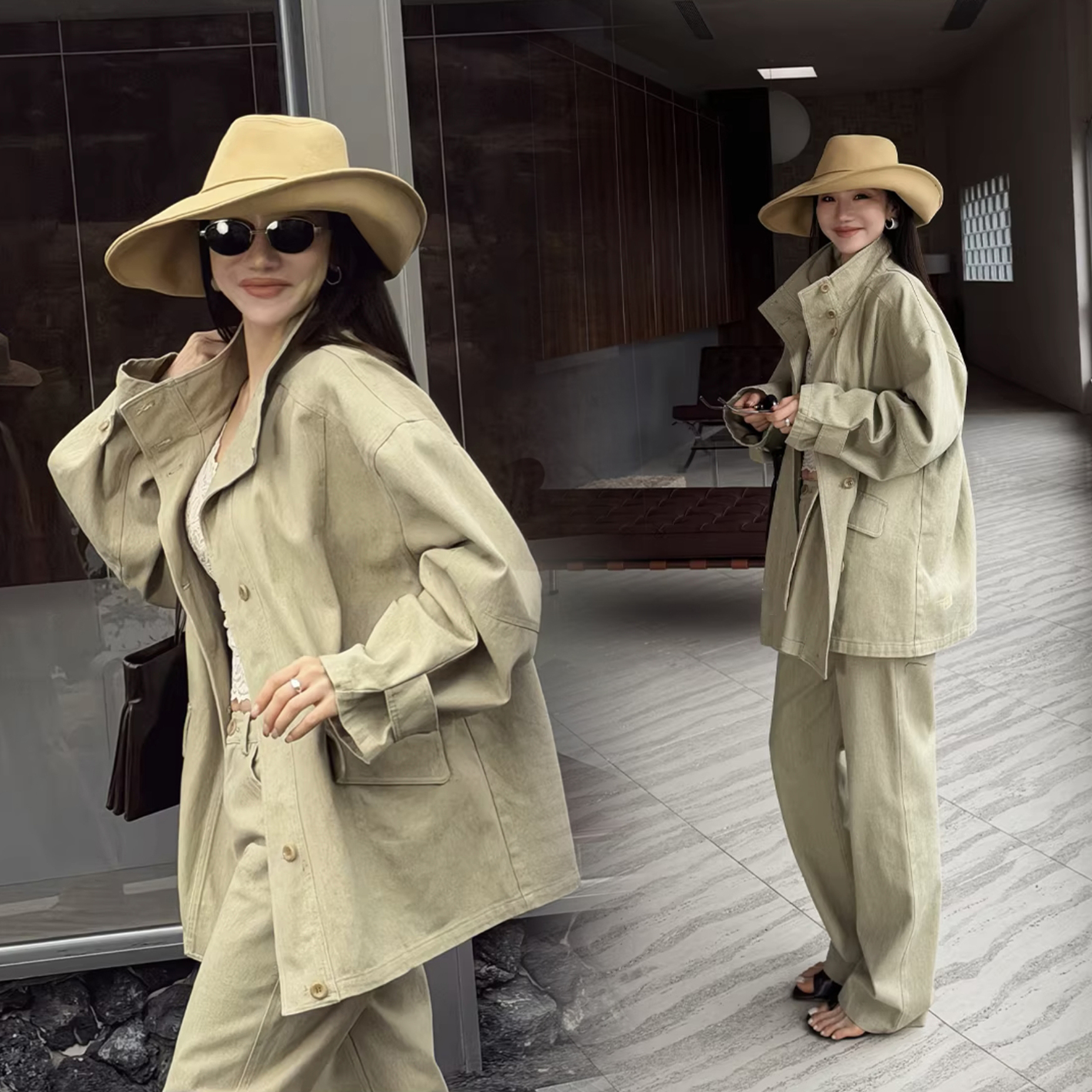 鼠尾草綠翻領排釦風衣外套+長褲SET-S-L (Elegant & Love)