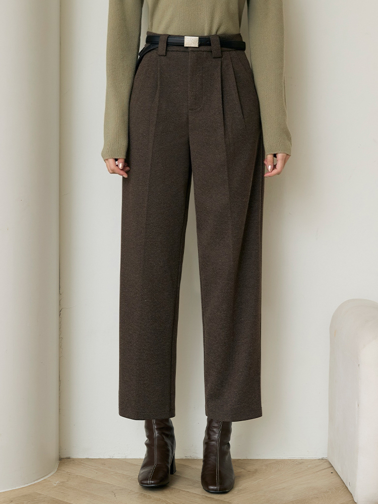 2603 前壓褶絨感高腰九分西裝褲（附腰帶）