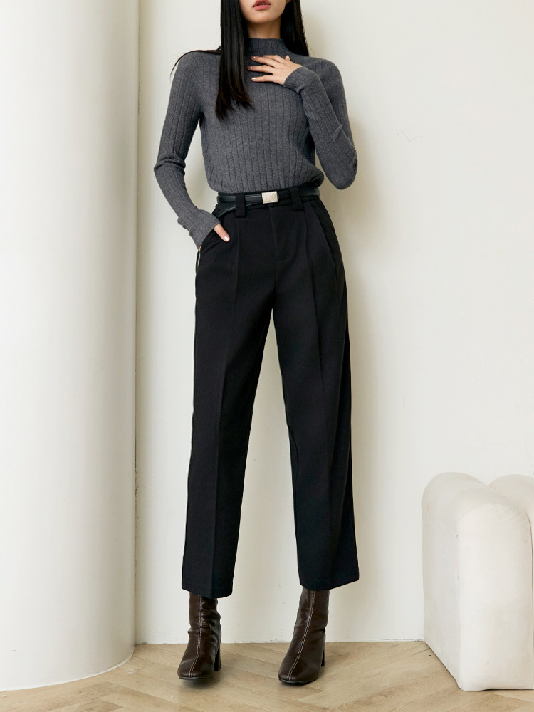 2603 前壓褶絨感高腰九分西裝褲（附腰帶）