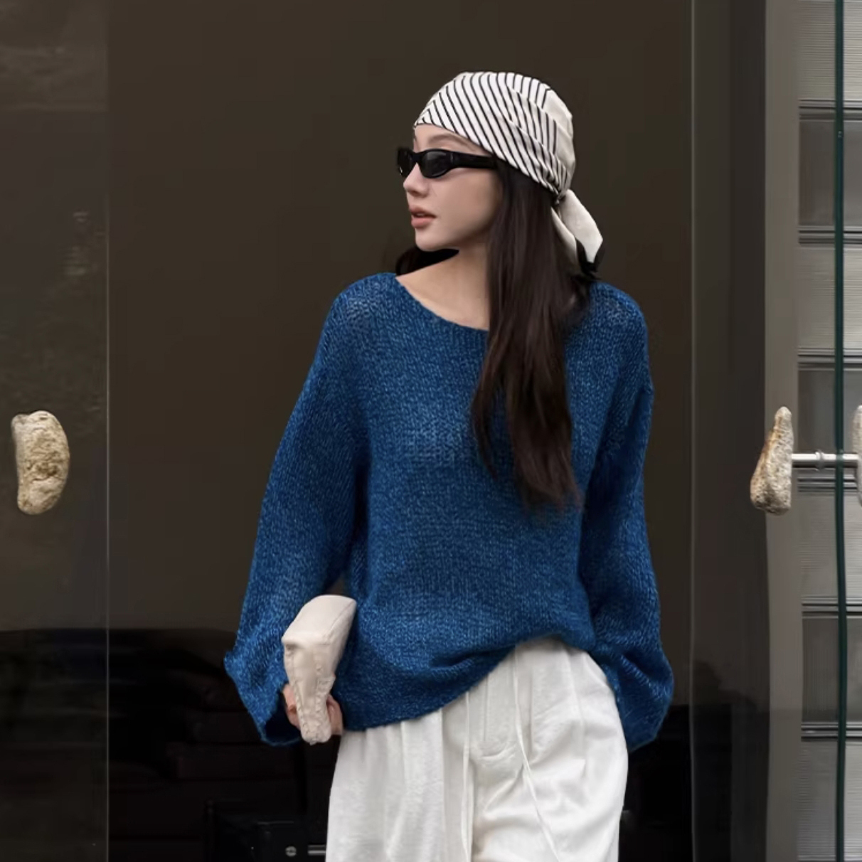 海軍藍慵懶氣息圓領針織上衣毛衣-F (Elegant & Love)