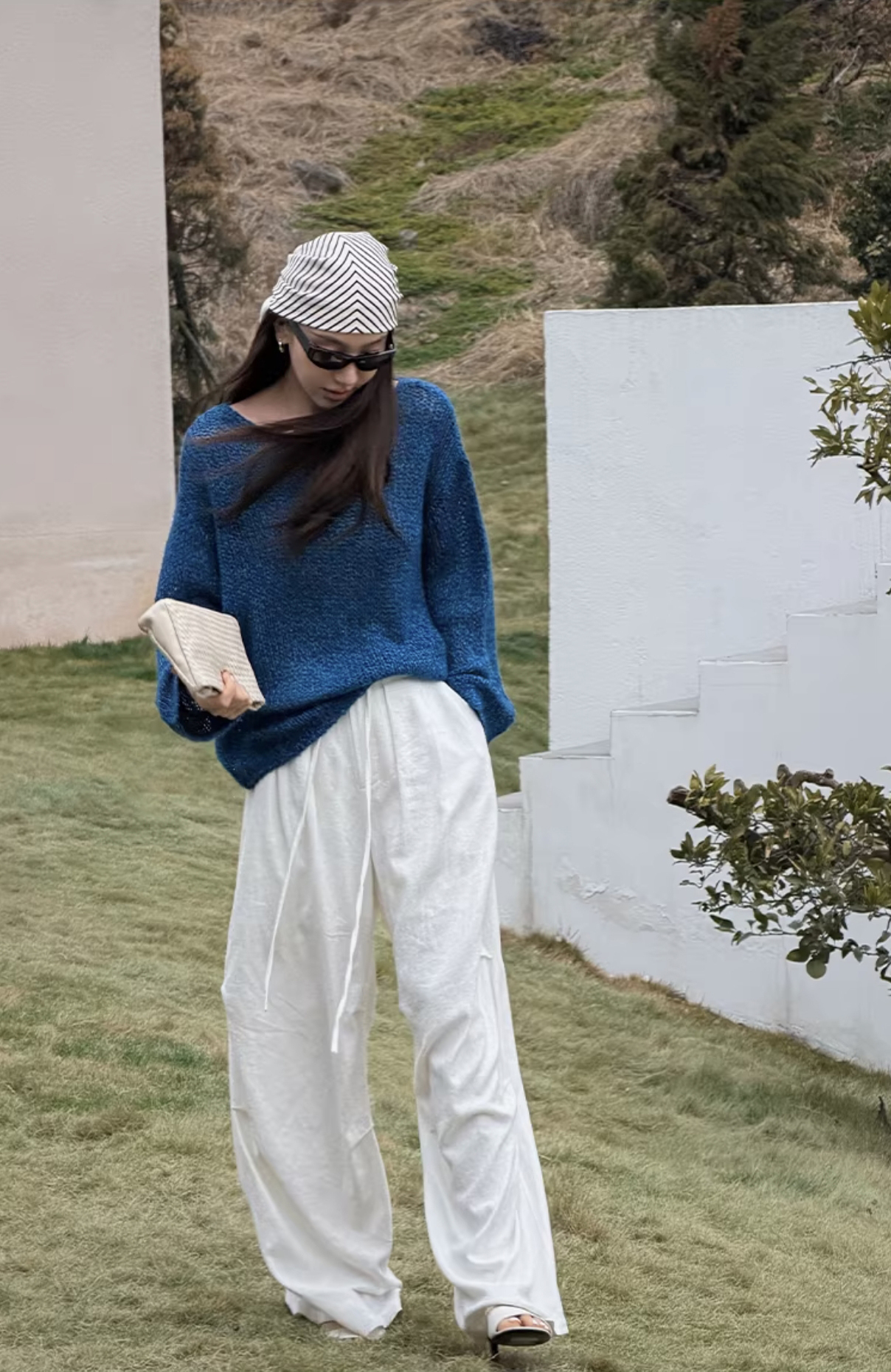 海軍藍慵懶氣息圓領針織上衣毛衣-F (Elegant & Love)