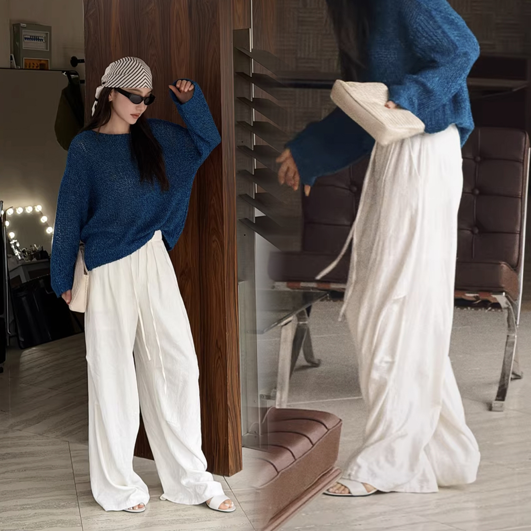 慵懶女子雲朵白綁帶造型直筒褲-S-L  (Elegant & Love)