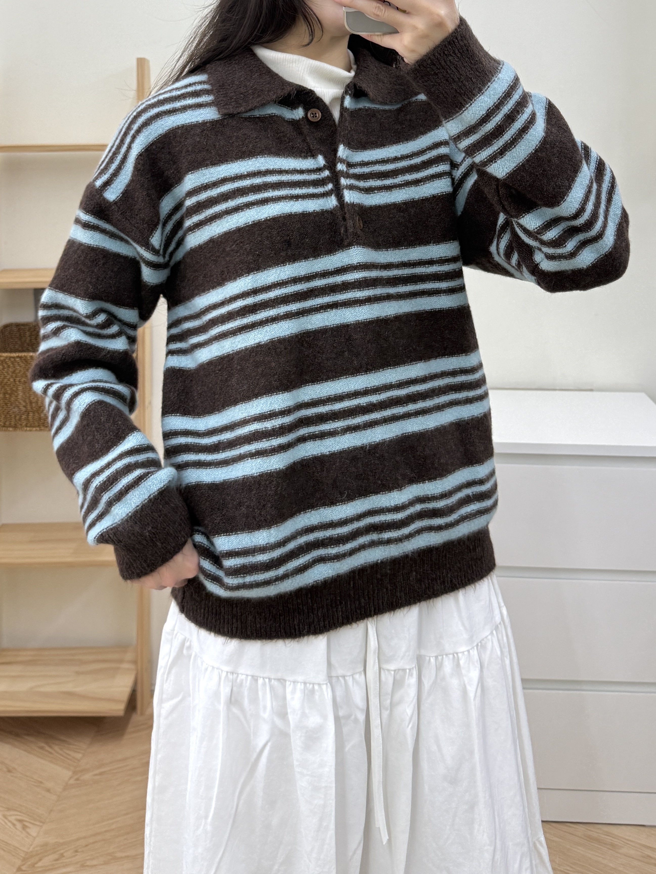 polo領條紋寬鬆毛衣