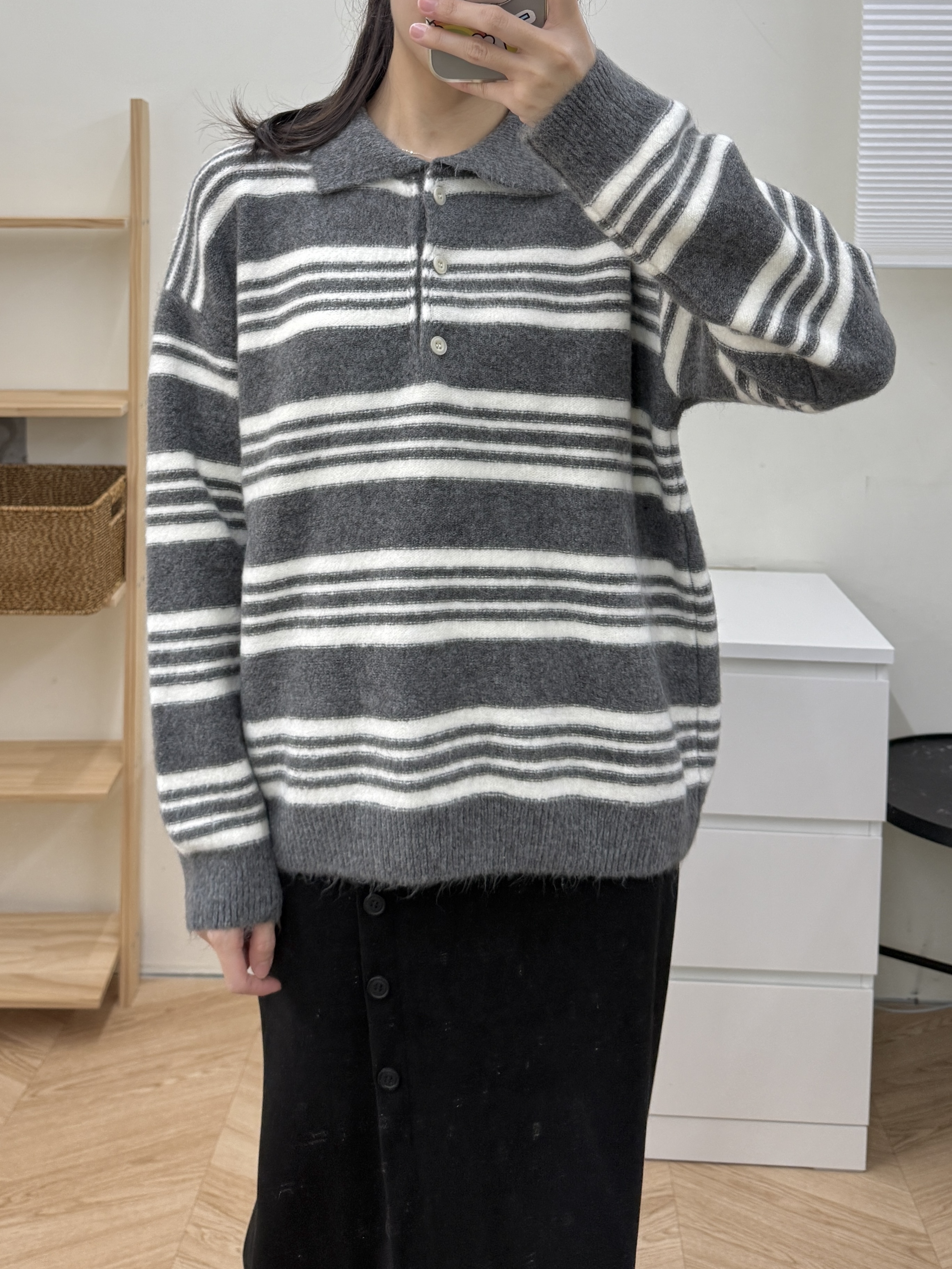 polo領條紋寬鬆毛衣*2色