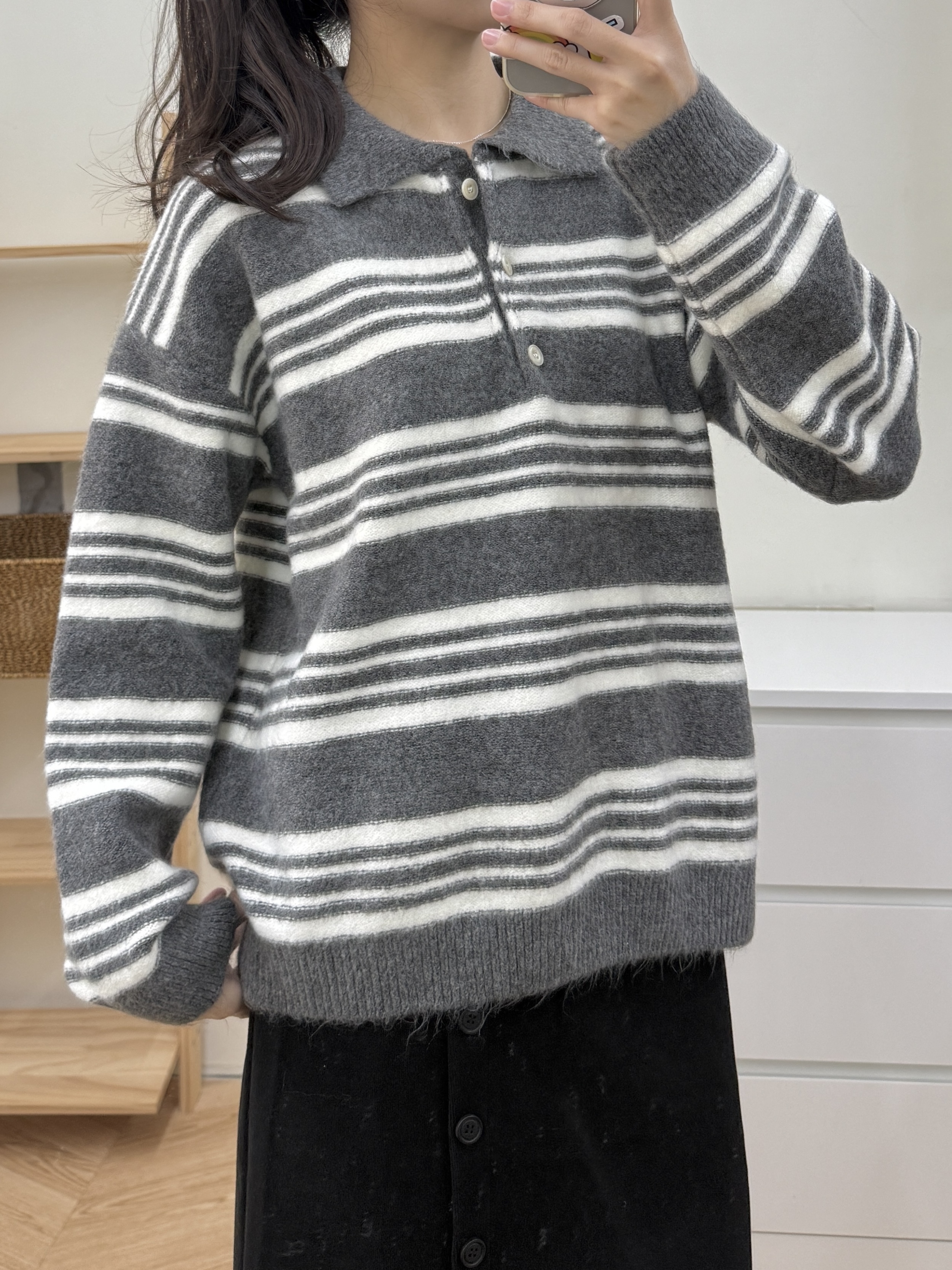 polo領條紋寬鬆毛衣*2色