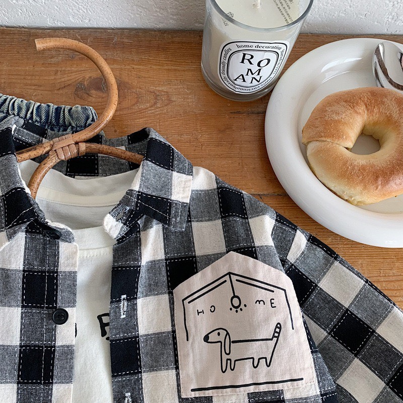 黑白格紋狗貼布襯衫