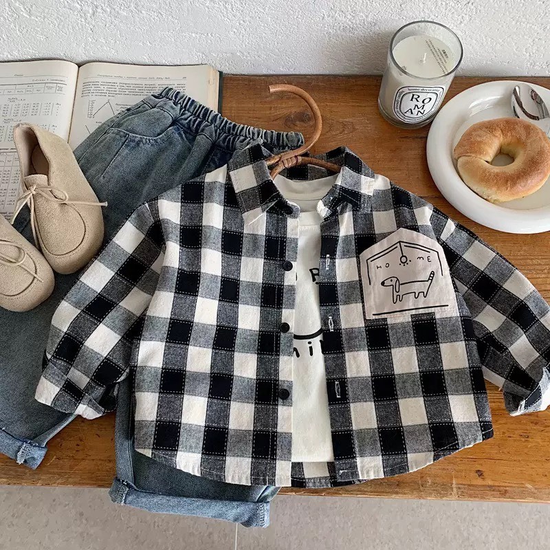 黑白格紋狗貼布襯衫