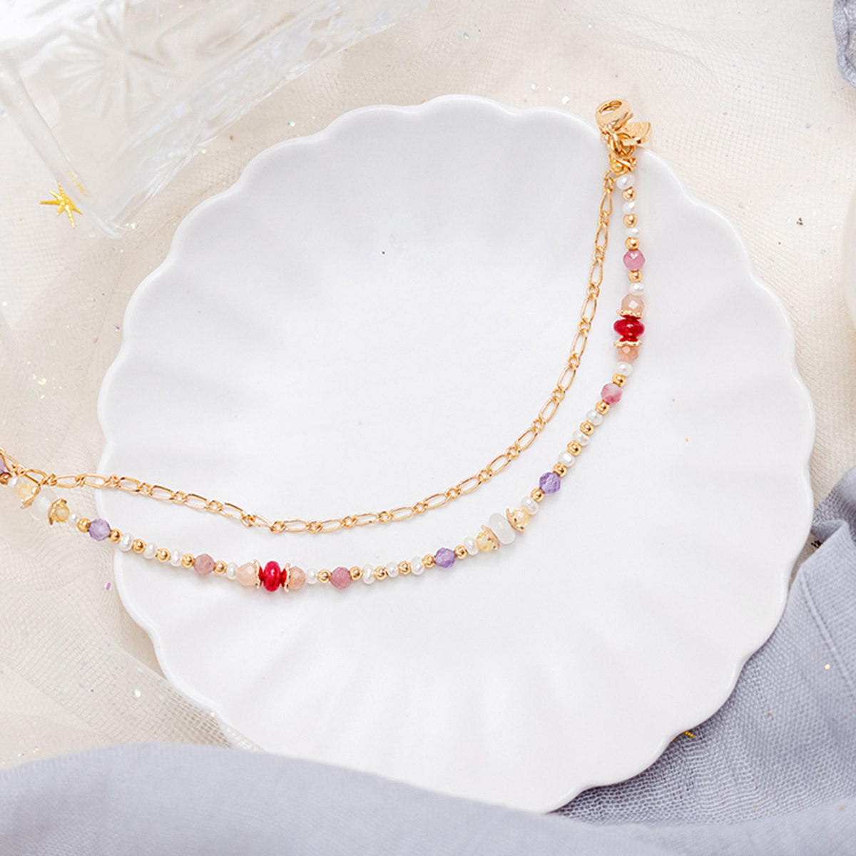 守護花 • 水瓶座 • 金魚草 – 白玉紅瑪瑙 – 手鍊