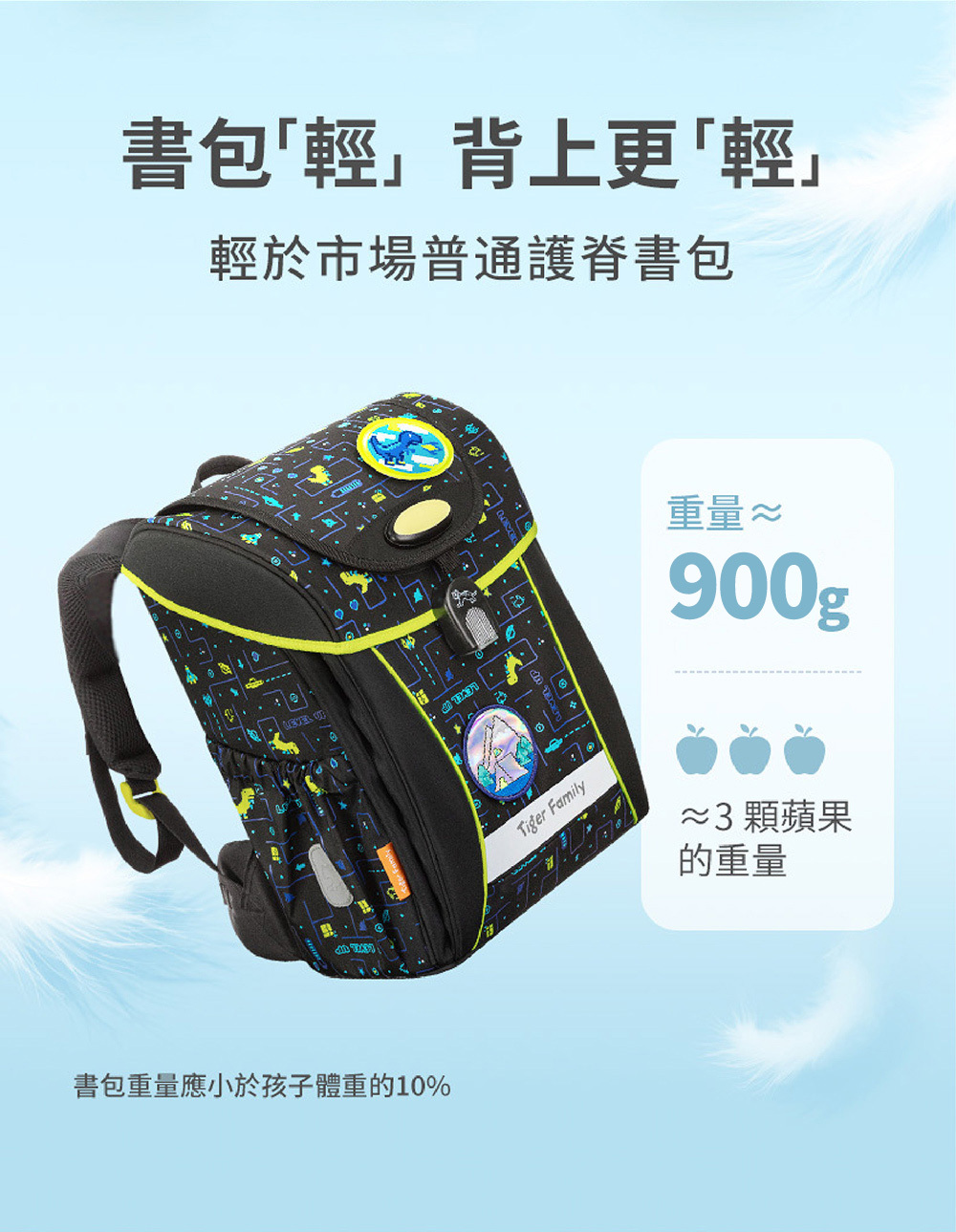 Tiger Family學院風Pro 2S系列護脊書包重量僅900g，輕於大多數市面上的護脊書包，其人體工學設計，讓實揹在背上的感受更輕盈