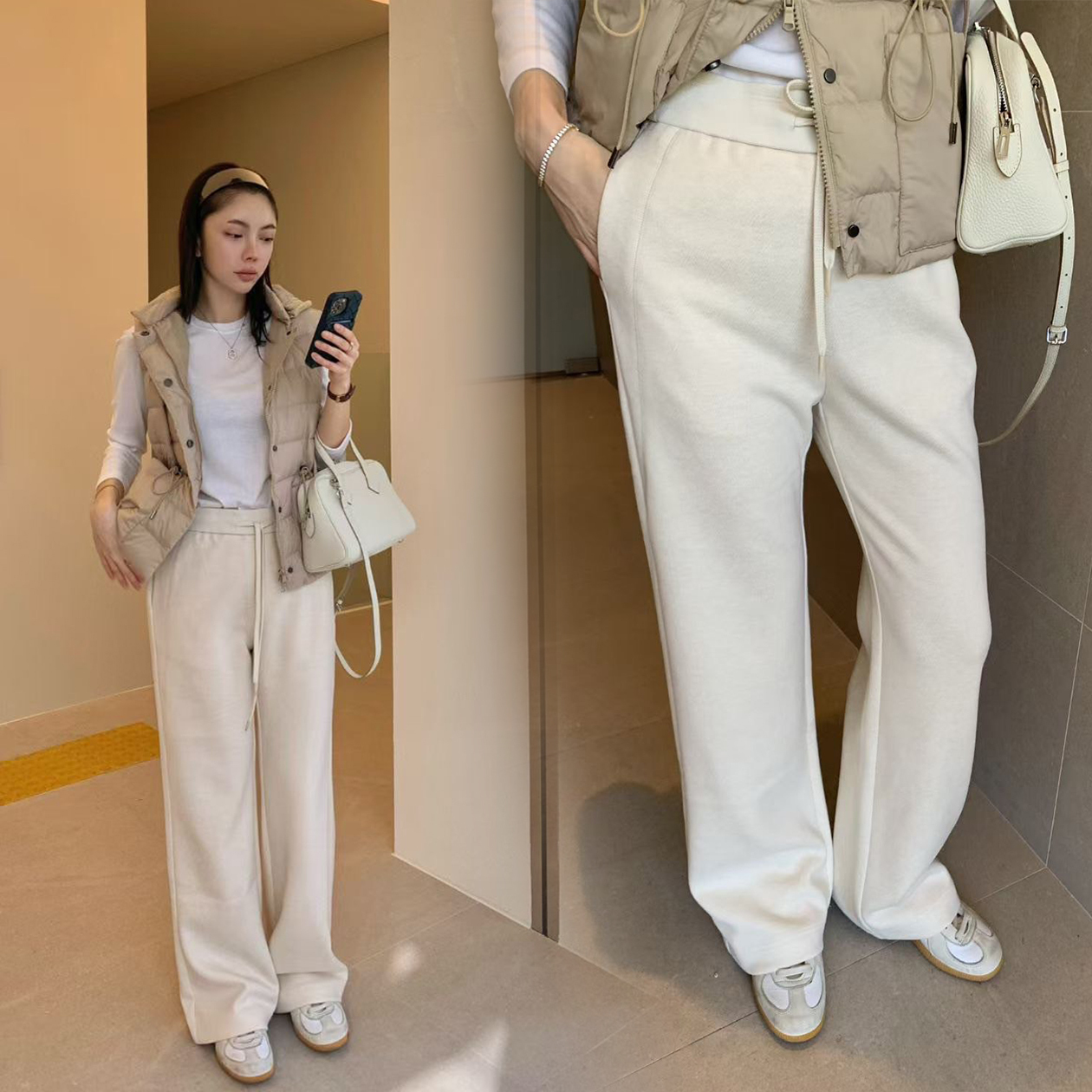 鬆緊腰綁帶內磨毛直筒休閒褲長褲-F / 2色