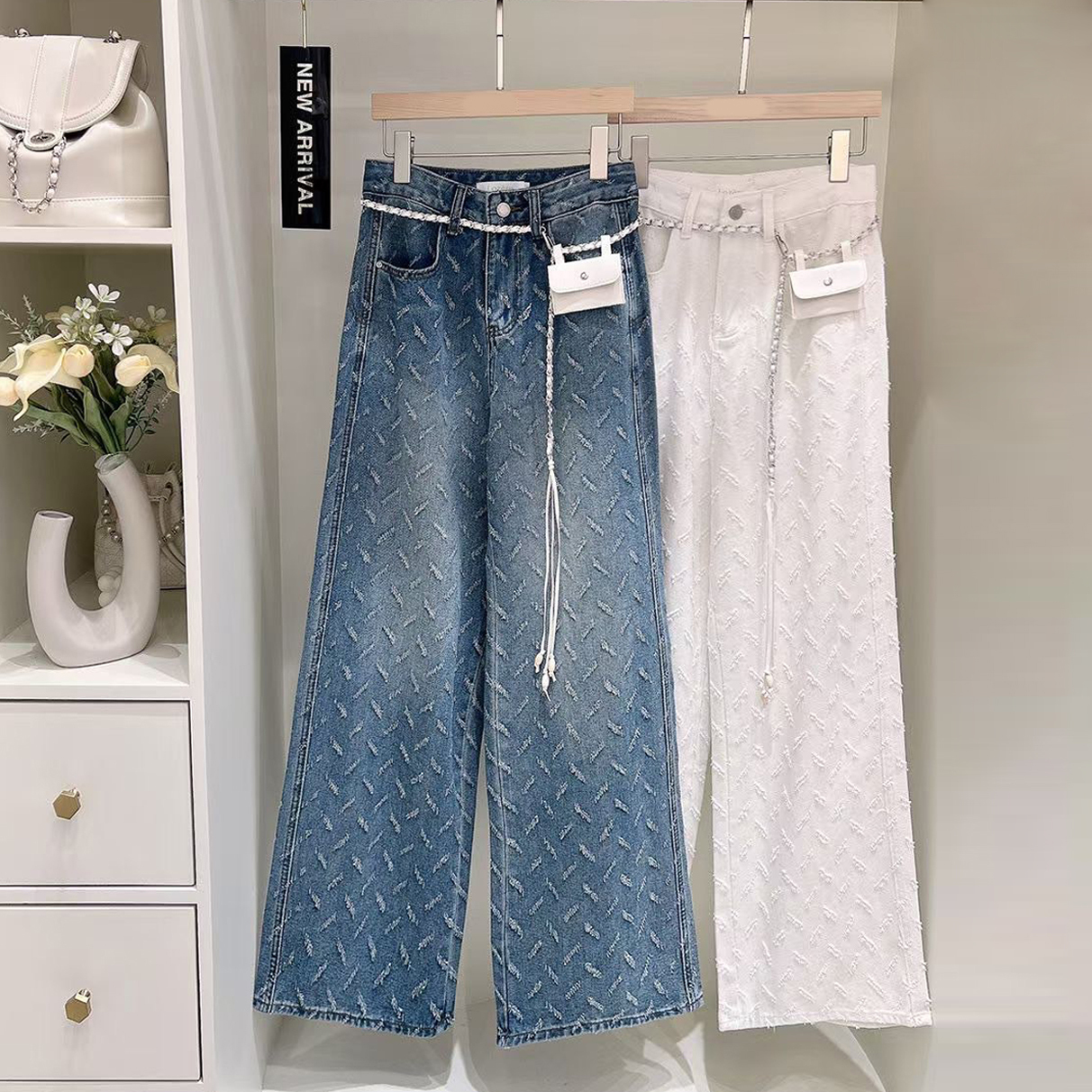 立體菱格織紋感刷色直筒牛仔褲-S-Ｍ / 2色