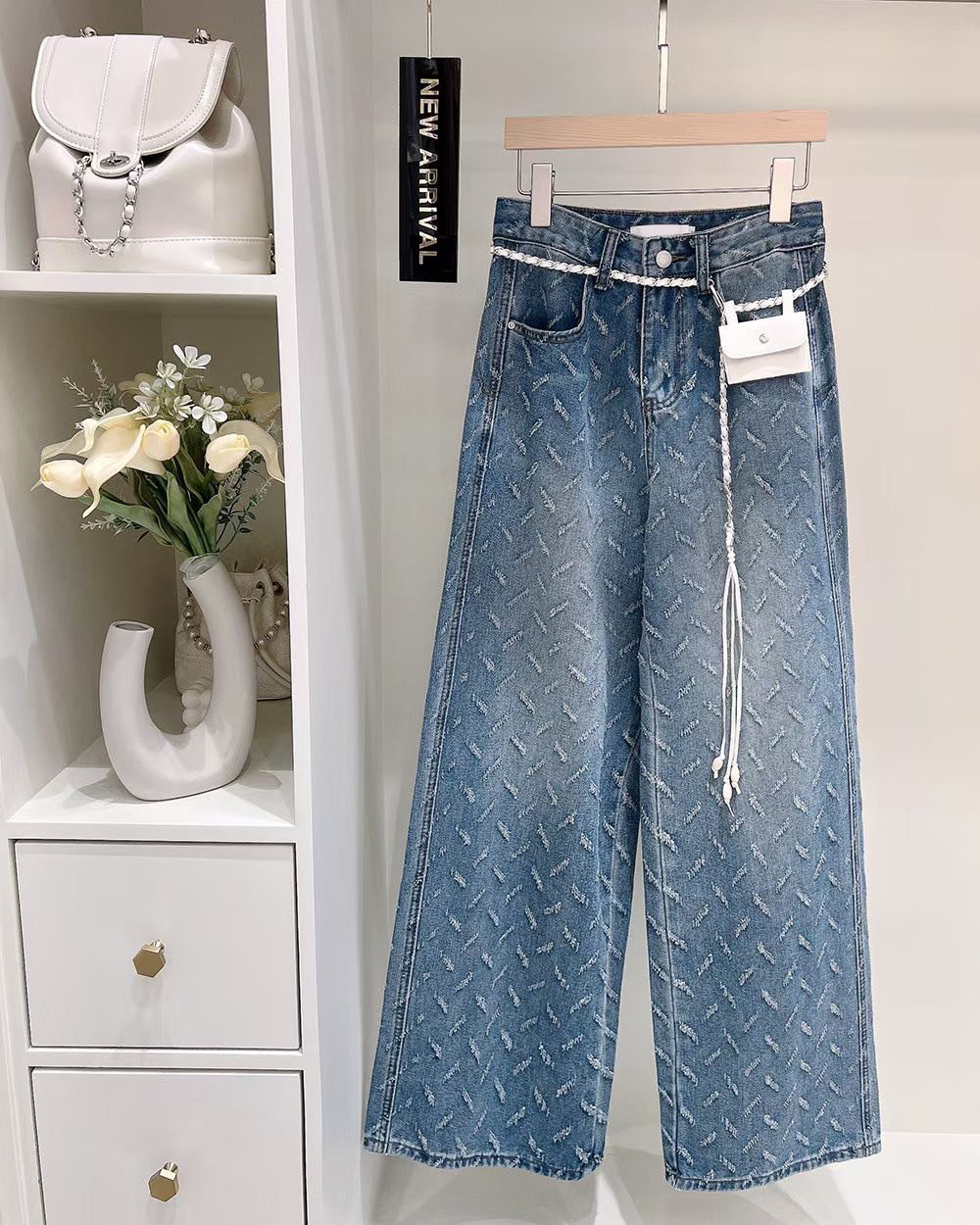 立體菱格織紋感刷色直筒牛仔褲-S-Ｍ / 2色