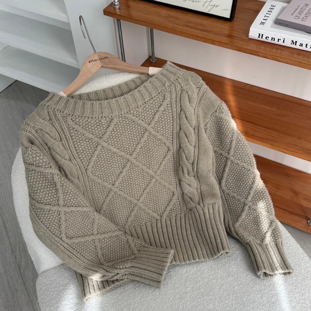 麻花菱格紋斜肩領毛衣 20559