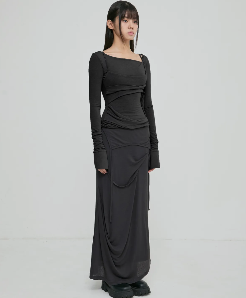 FLARE UP 不對稱垂墜長裙(2色)