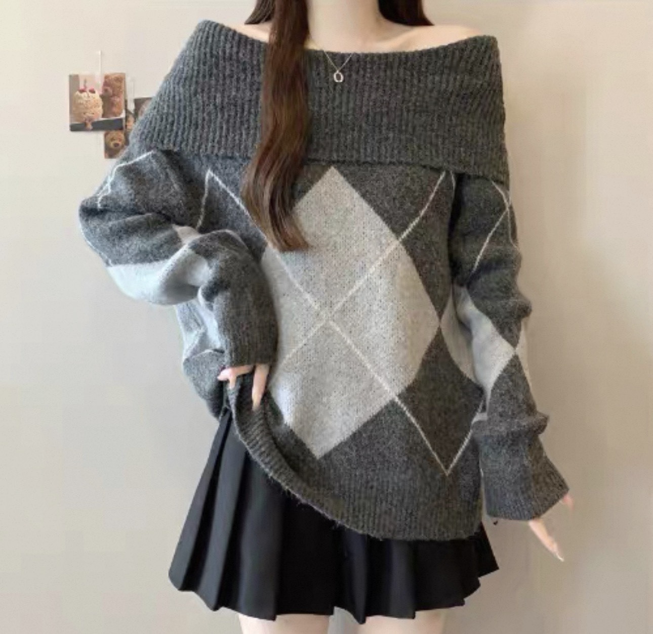 簡約格紋平口毛衣